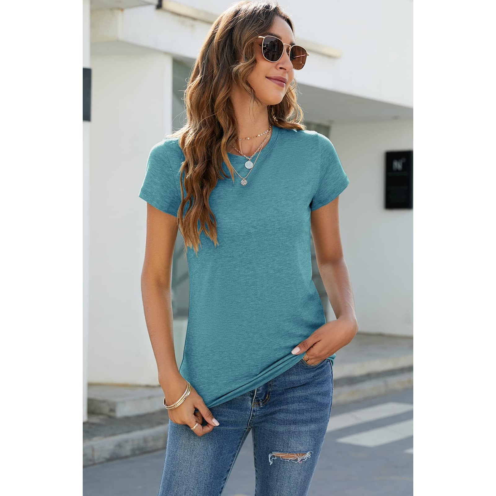 Sherosa Womens Summer Tops Short Sleeve O Neck Plain T Shirts Cute Blue Green L