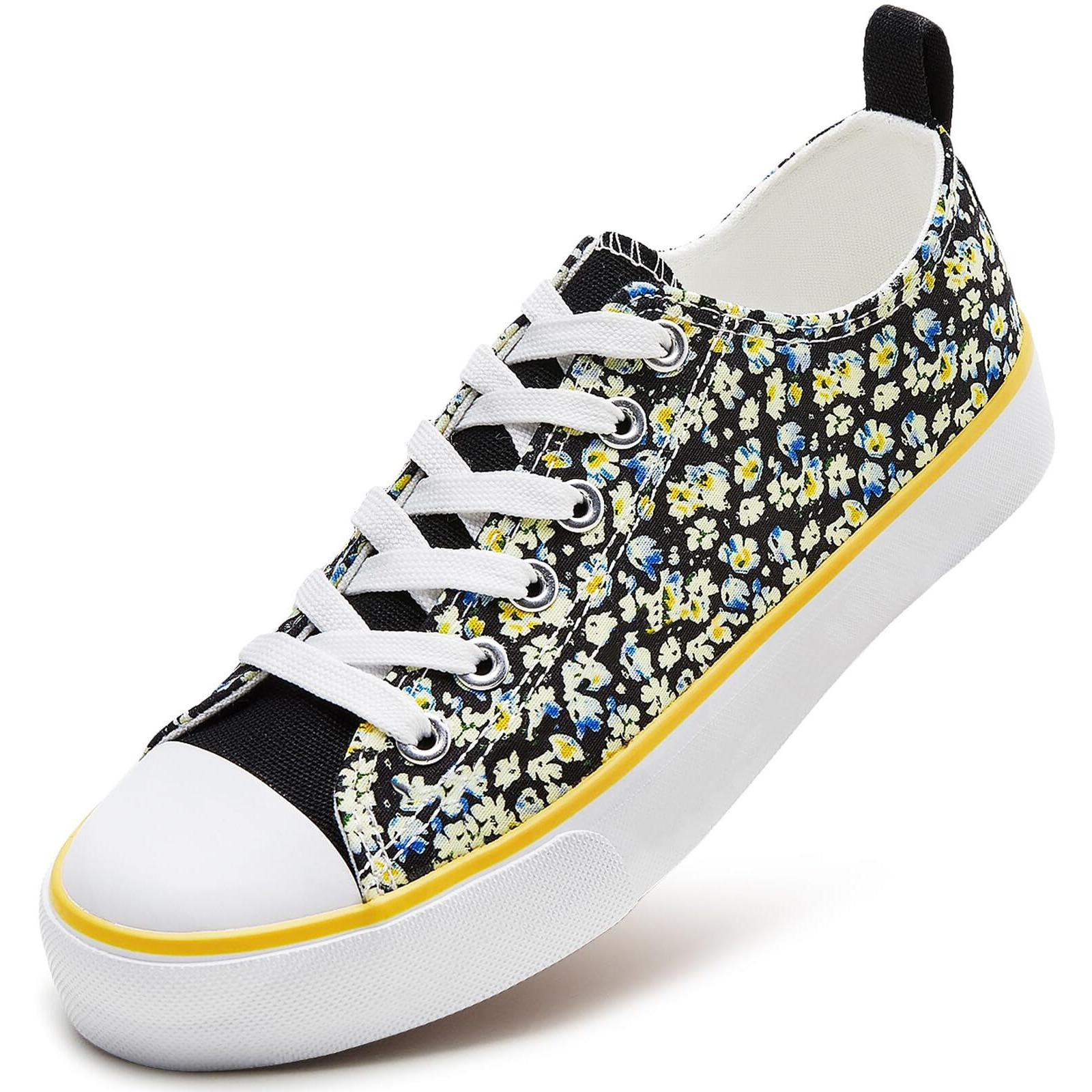 Zgr Womens Canvas Low Top Sneaker Lace-Up Classic Casual Shoes Black And White(Black FlowerUs9)