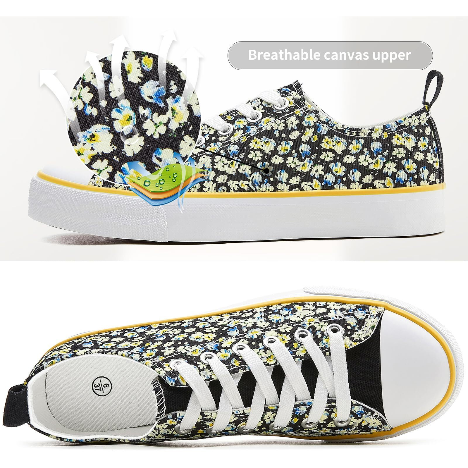 Zgr Womens Canvas Low Top Sneaker Lace-Up Classic Casual Shoes Black And White(Black FlowerUs9)