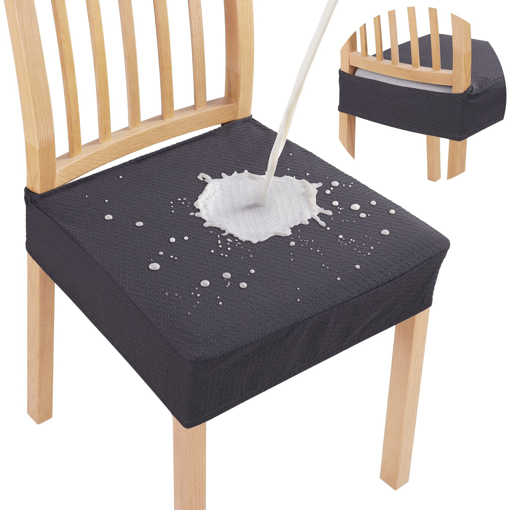 Smiry Waterproof Seat Covers For Dining Room Chairs Set Of 4, Stretch Jacquard Removable Washable Chair Seat Slipcovers Protector, No Rear Covers, Dark Grey