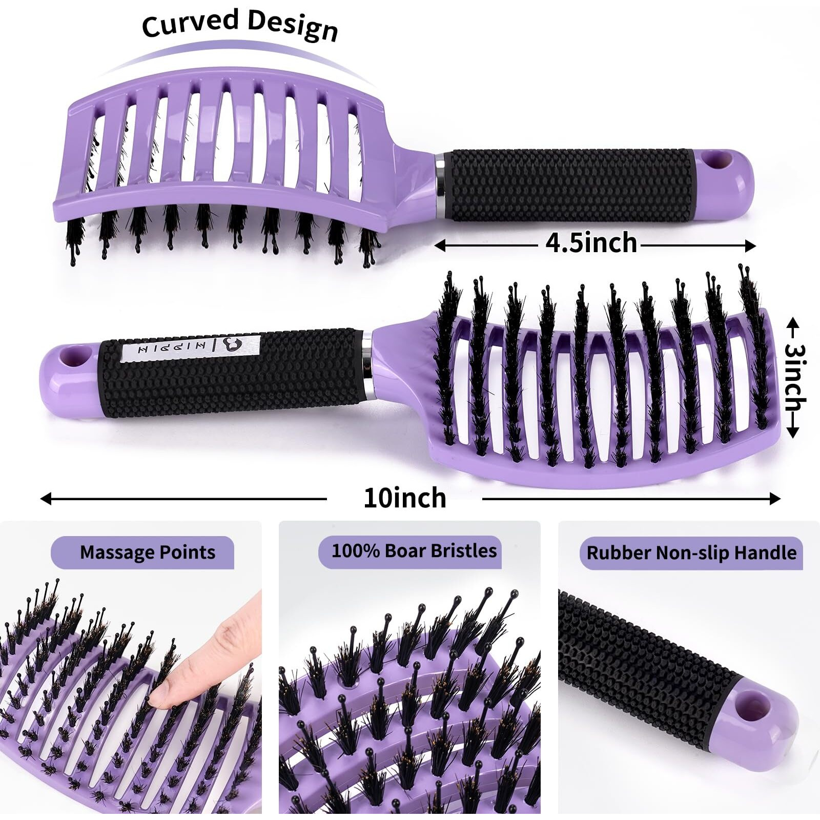 Boar Bristle Hair Brush Set Of 2, Hippih Wet & Dry Hair Brushes Made By Fine Natural Boar Hair Can Adds Shine And Smoothing, Detangling Hairbrush For Women, Men & Kids' Long Curly Thick Hair