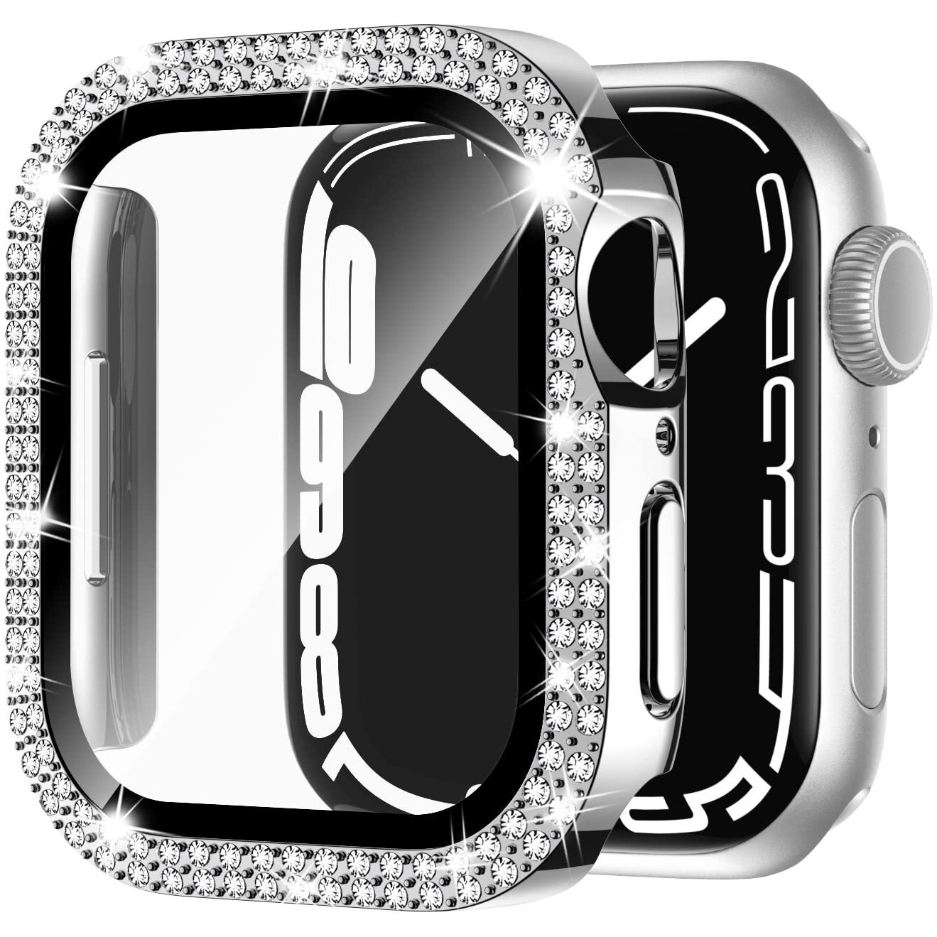 Adepoy Compatible For Apple Watch Case 44Mm Series 6/5/4/Se With Tempered Glass Screen Protector, Double Bling Case Crystal Diamonds Rhinestone Bumper Overall Hard Pc Protective Cover For Iwatch 44Mm