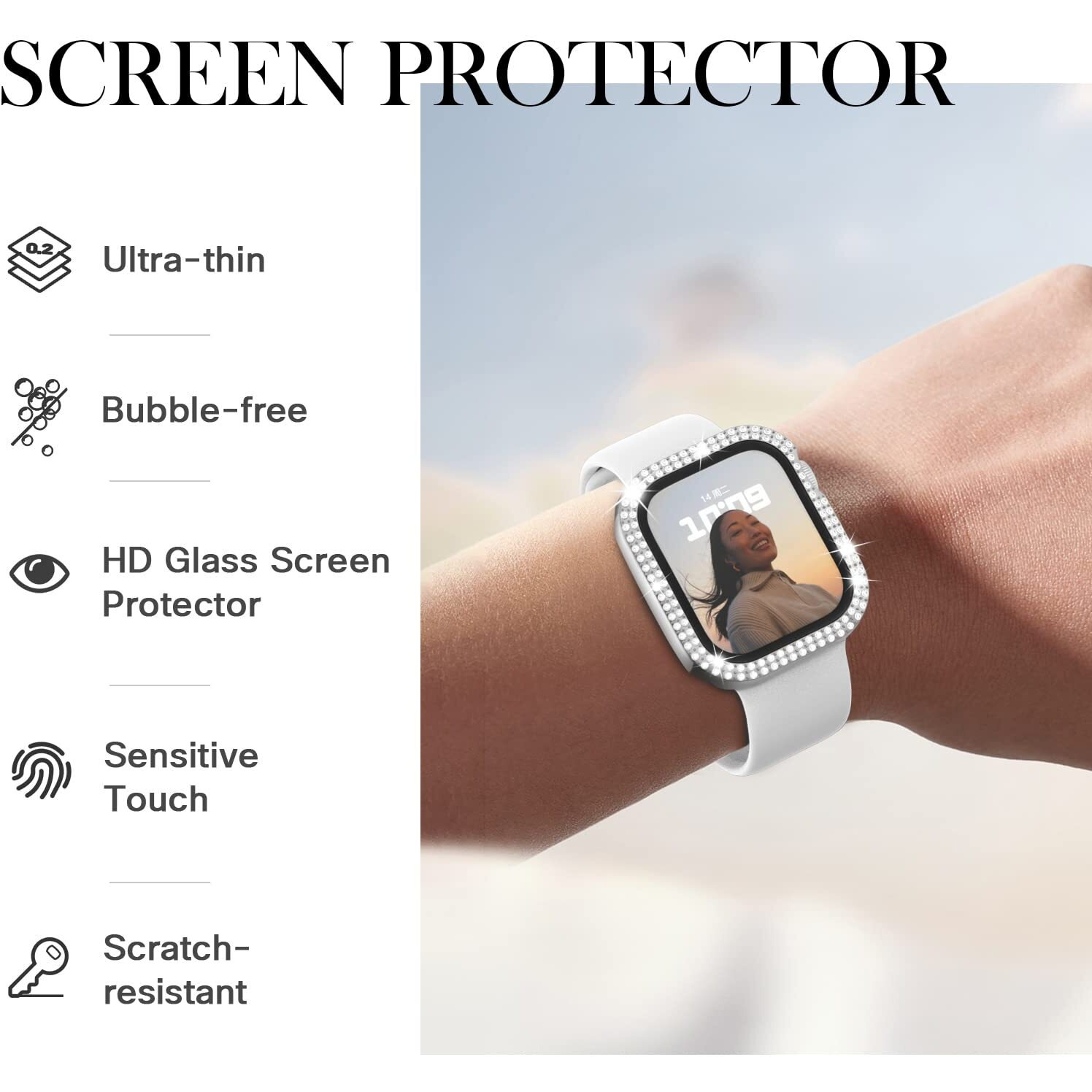 Adepoy Compatible For Apple Watch Case 44Mm Series 6/5/4/Se With Tempered Glass Screen Protector, Double Bling Case Crystal Diamonds Rhinestone Bumper Overall Hard Pc Protective Cover For Iwatch 44Mm