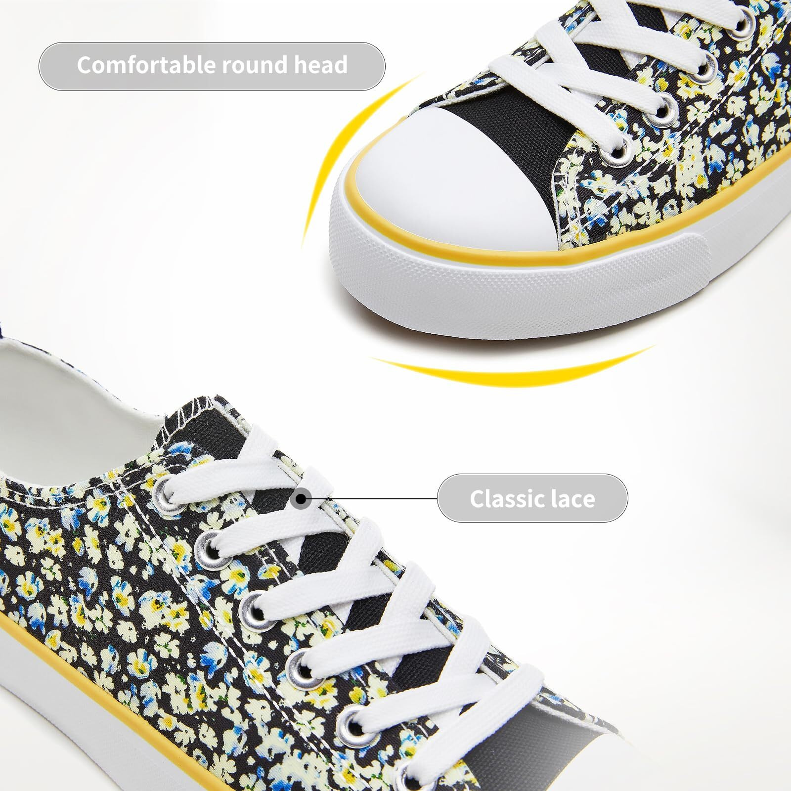 Zgr Womens Canvas Low Top Sneaker Lace-Up Classic Casual Shoes Black And White(Black FlowerUs5)