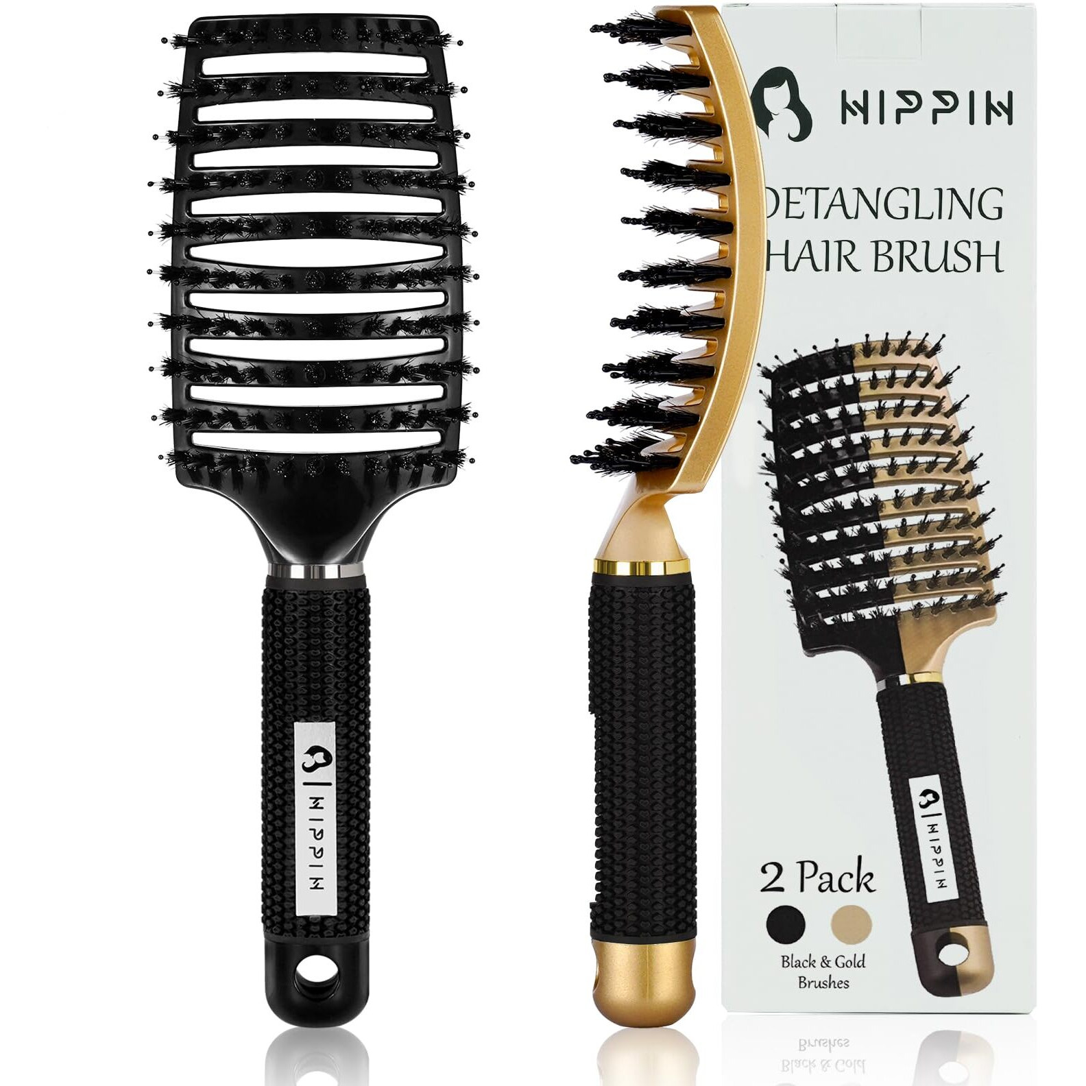 Boar Bristle Hair Brush 2 Pack, Hippih Wet & Dry No Pull Curved Vented Hair Brush, Styling Magical Detangler Brush For Kids & Men, Hairbrush For Women Can Adds Shine & Smooth Curly Thick Hair