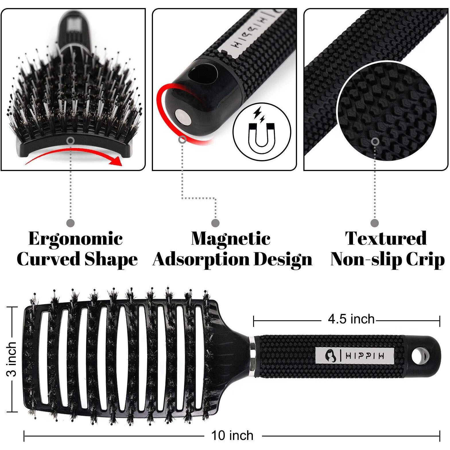 Boar Bristle Hair Brush 2 Pack, Hippih Wet & Dry No Pull Curved Vented Hair Brush, Styling Magical Detangler Brush For Kids & Men, Hairbrush For Women Can Adds Shine & Smooth Curly Thick Hair