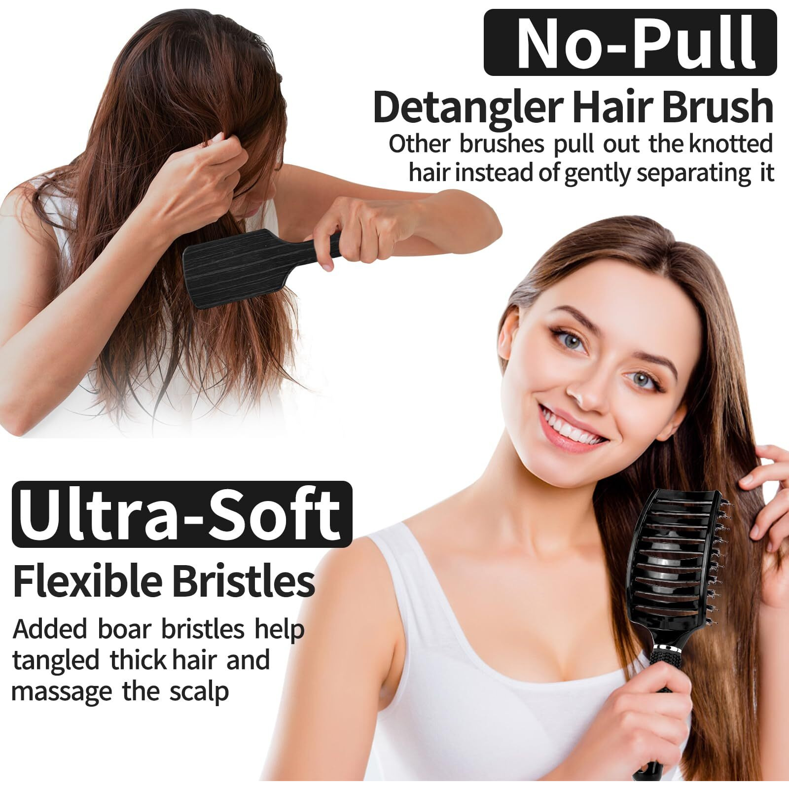 Boar Bristle Hair Brush 2 Pack, Hippih Wet & Dry No Pull Curved Vented Hair Brush, Styling Magical Detangler Brush For Kids & Men, Hairbrush For Women Can Adds Shine & Smooth Curly Thick Hair