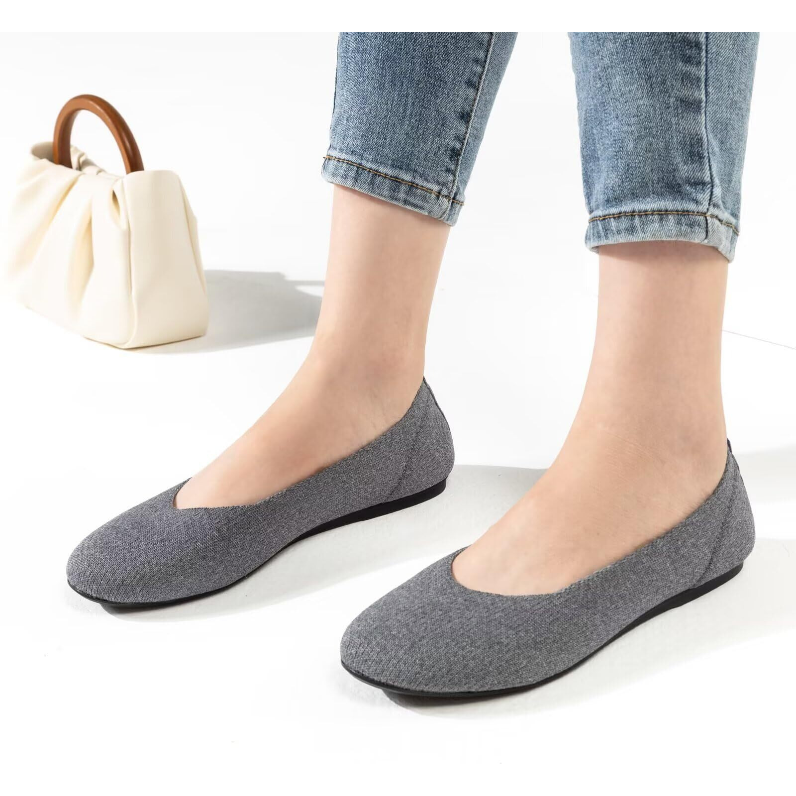 Frank Mully Womens Knit Ballet Flat Round Toe Slip On Flats Shoes Classic Low Wedge Ballerina Walking Flats Shoes, Grey,9