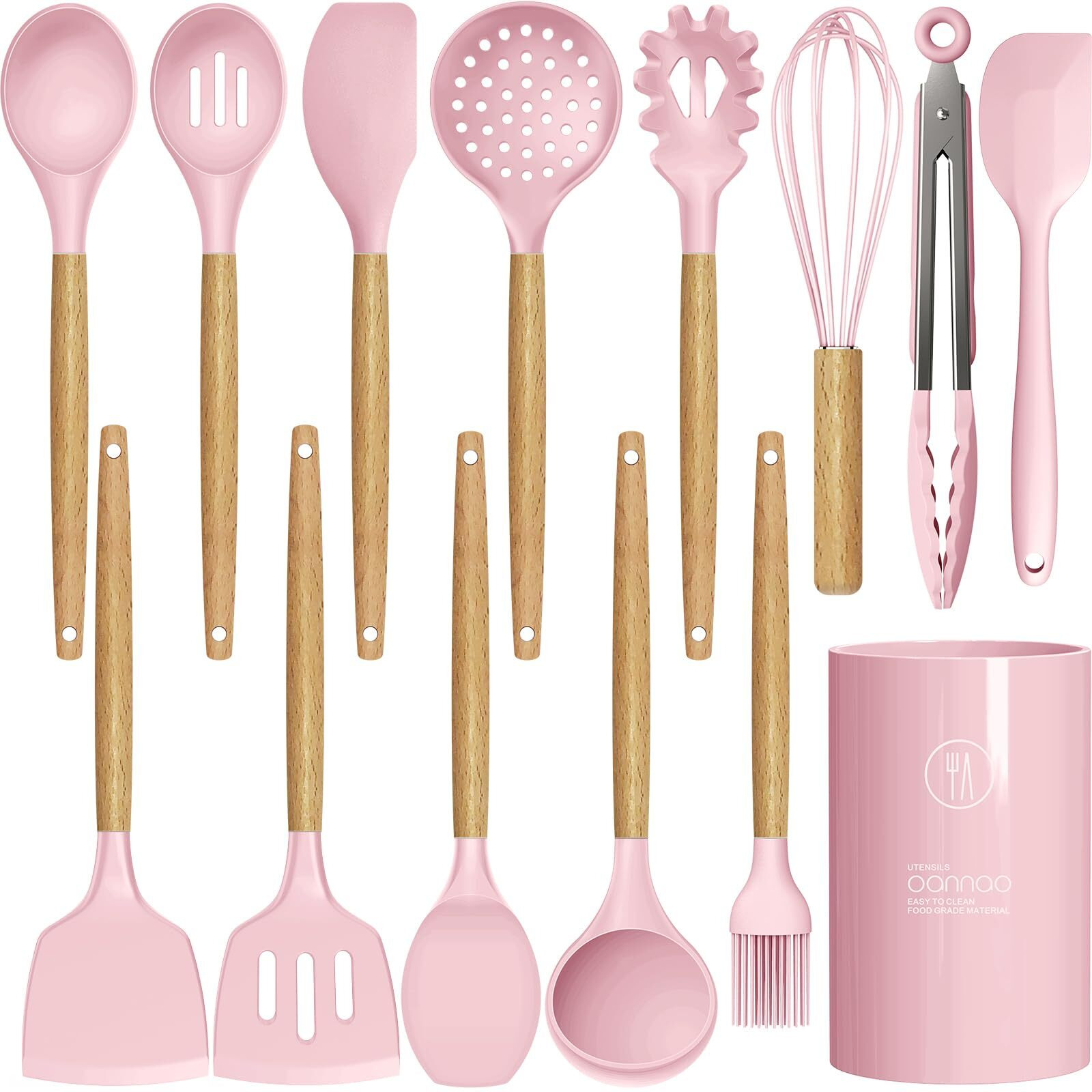 Silicone Kitchen Utensils Set - 446F Heat Resistant Cooking Utensil Sets, Spatula,Turner,Tongs,Spoon,Brush,Whisk, Wooden Handle Silicone Kitchen Gadgets Tools For Non-Stick Cookware Bpa Free (Pink)