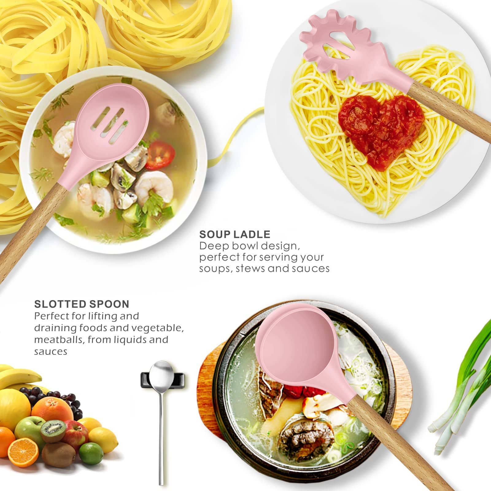 Silicone Kitchen Utensils Set - 446F Heat Resistant Cooking Utensil Sets, Spatula,Turner,Tongs,Spoon,Brush,Whisk, Wooden Handle Silicone Kitchen Gadgets Tools For Non-Stick Cookware Bpa Free (Pink)