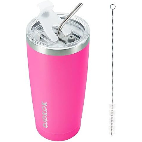 Bjpkpk 20Oz Stainless Steel Tumbler With Lid, Double Wall Vacuum Coffee Cup, Travel Mug For Ice Drink And Hot Beverage, Insulation Travel Tumbler Cup With Straws,Pink