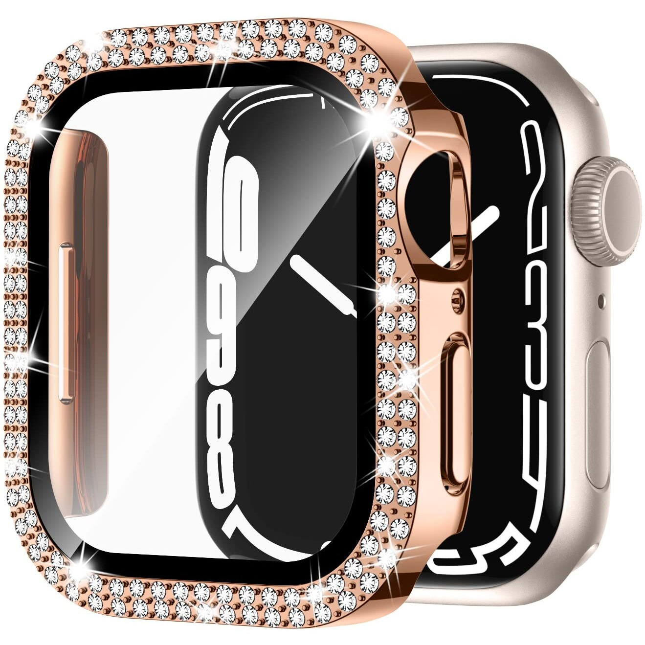 Adepoy For Apple Watch Case Series 7/8 45Mm With Tempered Glass Screen Protector, Double Bling Case Crystal Diamonds Rhinestone Bumper Overall Hard Pc Ultra-Thin Protective Cover For Iwatch 45Mm