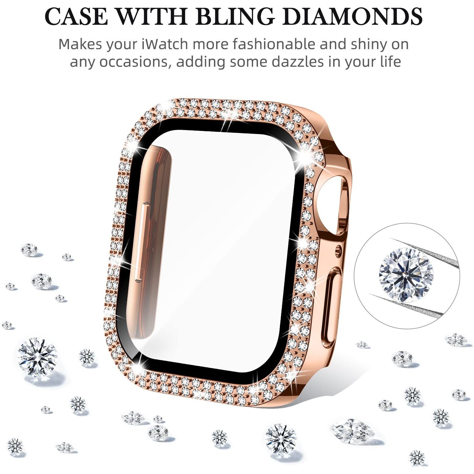 Adepoy For Apple Watch Case Series 7/8 45Mm With Tempered Glass Screen Protector, Double Bling Case Crystal Diamonds Rhinestone Bumper Overall Hard Pc Ultra-Thin Protective Cover For Iwatch 45Mm