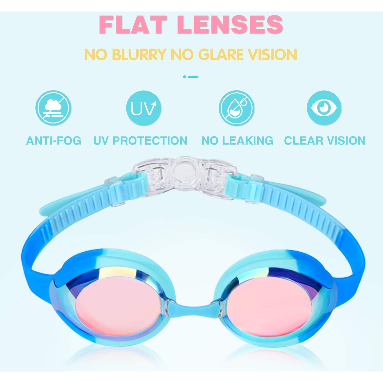 Keary 2 Pack Kids Swim Goggles Swimming Goggles For Toddler Children Girls Boys Youth, Anti-Fog Waterproof Anti-Uv Clear Vision Mirror Flat Lens Water Pool Goggles With 3 Nose Pieces, Kids Goggles