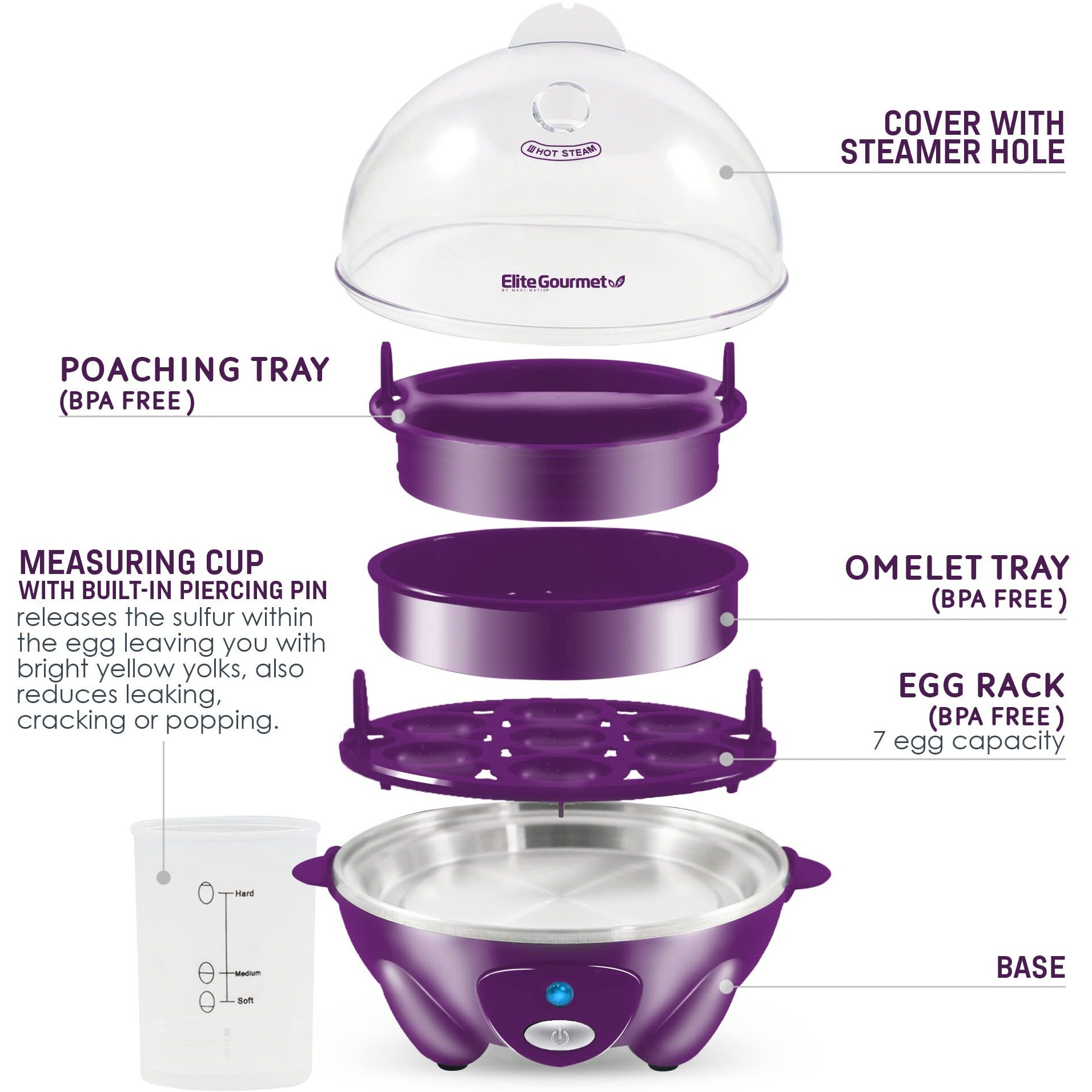 Elite Gourmet Egc700P Rapid Egg Cooker, 7 Easy-To-Peel, Hard, Medium, Soft Boiled Eggs, Poacher, Omelet Maker, Auto Shut-Off, Alarm, 16-Recipe Booklet, Eggplant