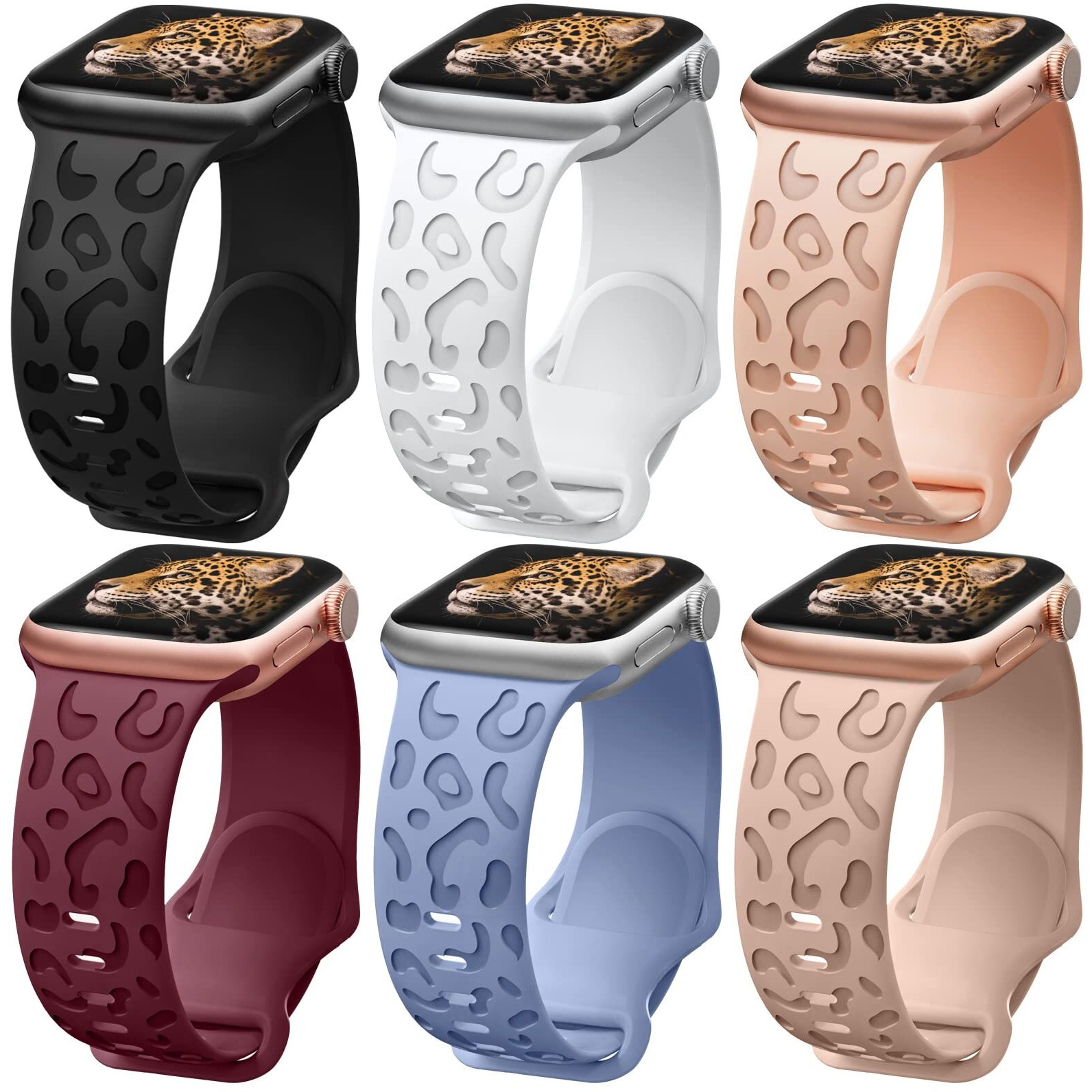 6 Pack Leopard Engraved Band Compatible With Apple Watch Band 40Mm 38Mm 41Mm 44Mm 45Mm 49Mm Women, Cheetah Sport Silicone Wristbands Replacement For Iwatch Series 9 8 7 Se Ultra 6 5 4 3 Milktea-42