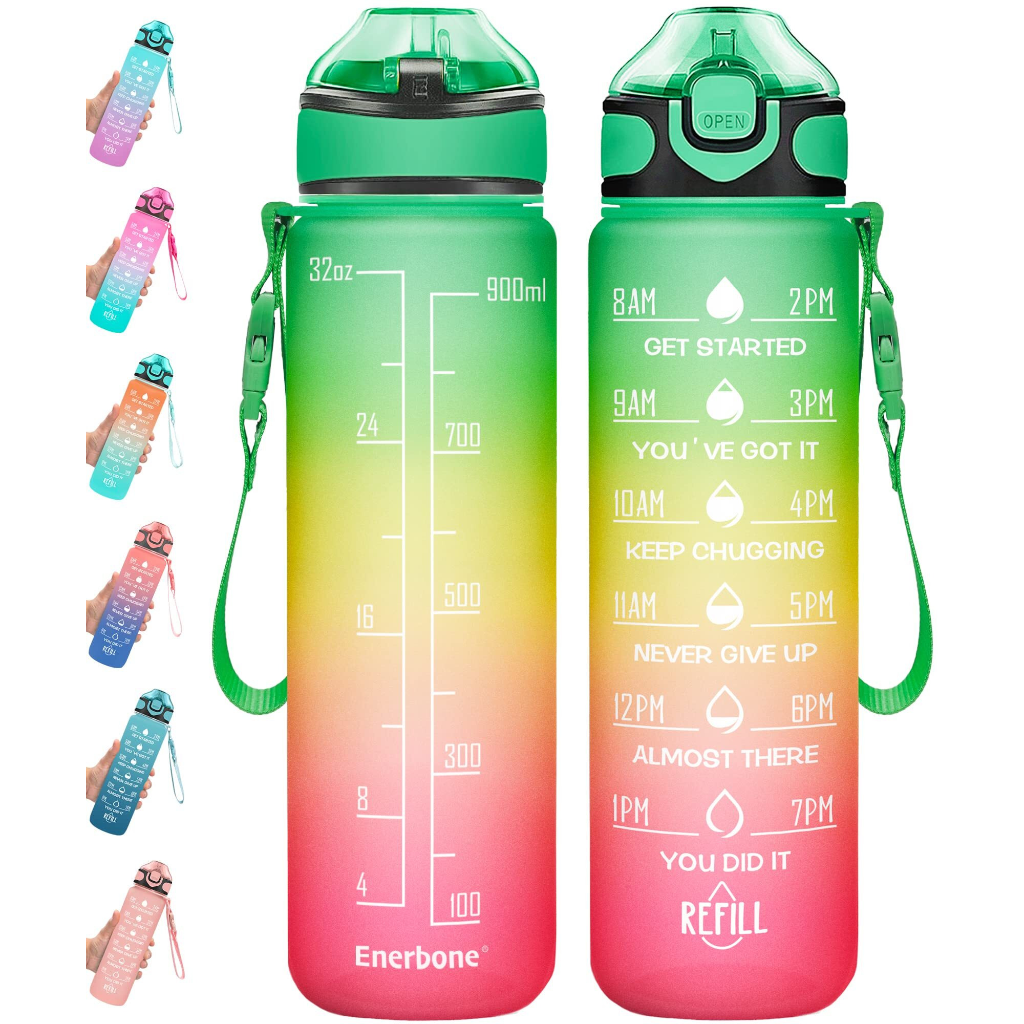 Enerbone 32 Oz Drinking Water Bottle With Times To Drink And Straw, Motivational With Carrying Strap, Leakproof Bpa & Toxic Free, Ensure You Drink Enough Water For Fitness Gym Outdoor