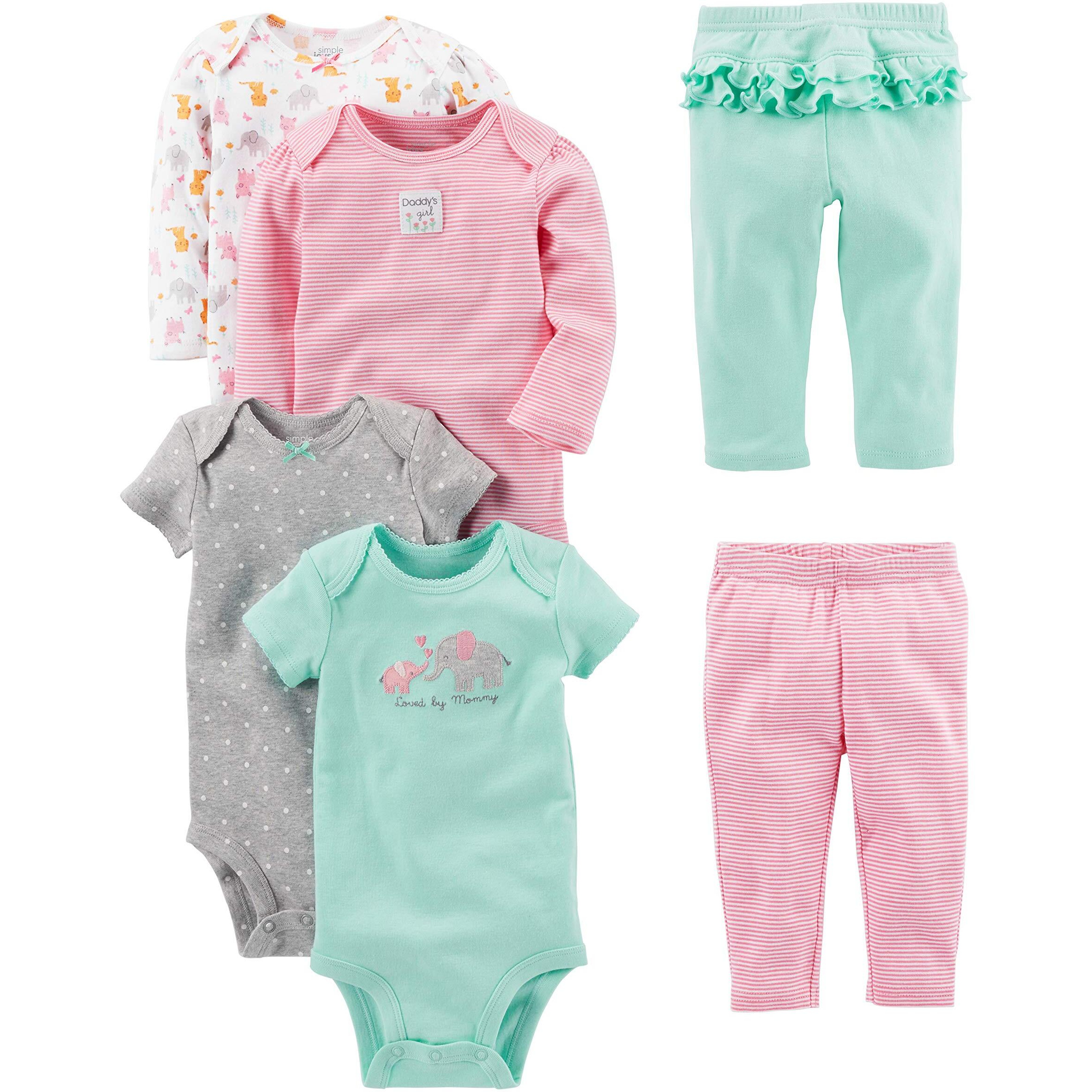 Simple Joys By Carter's Baby Girls' 6-Piece Bodysuits (Short And Long Sleeve) And Pants Set, Aqua Blue Elephant/Grey Dots/Pink Stripe/White Forest Animals, 0-3 Months