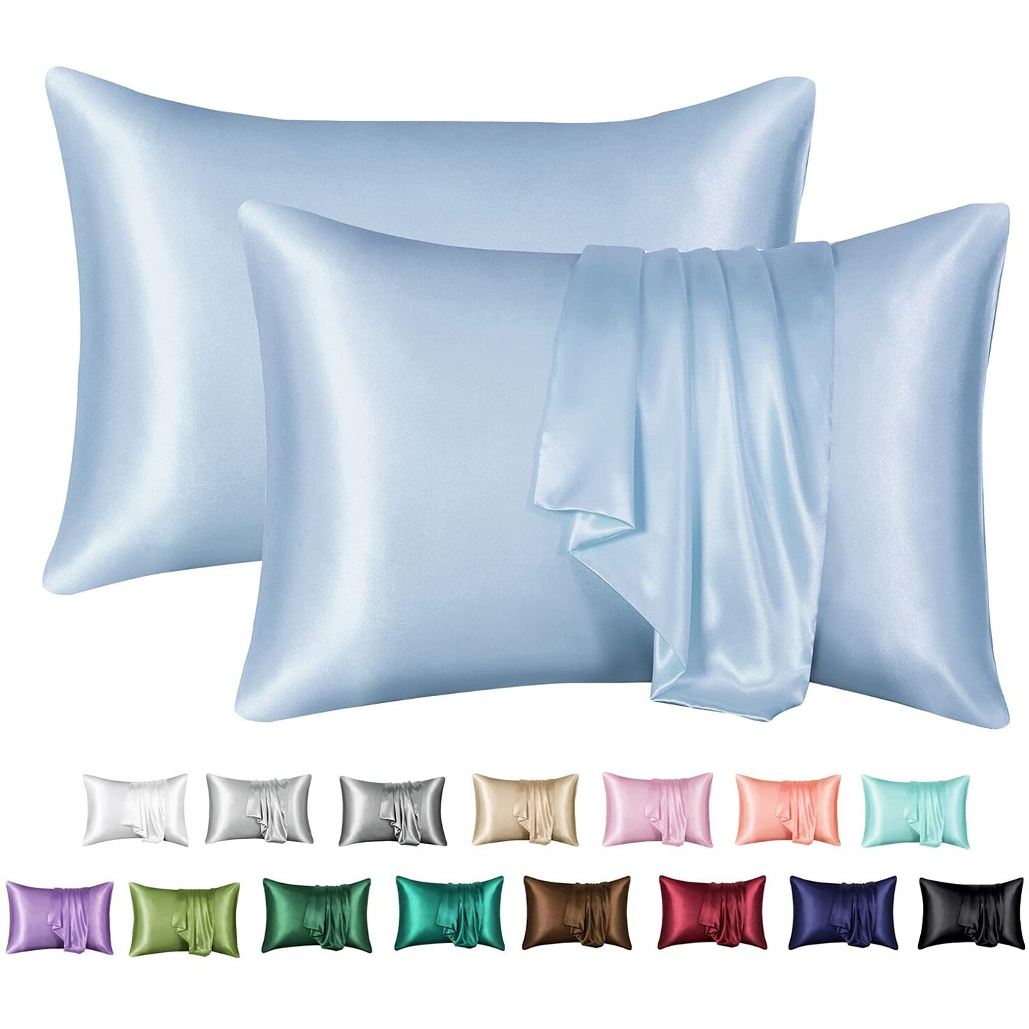 Mr&Hm Satin Pillowcase For Hair And Skin, Silk Satin Pillowcase 2 Pack, Queen Size Pillow Cases Set Of 2, Silky Pillow Cover With Envelope Closure (20X30, Light Blue)