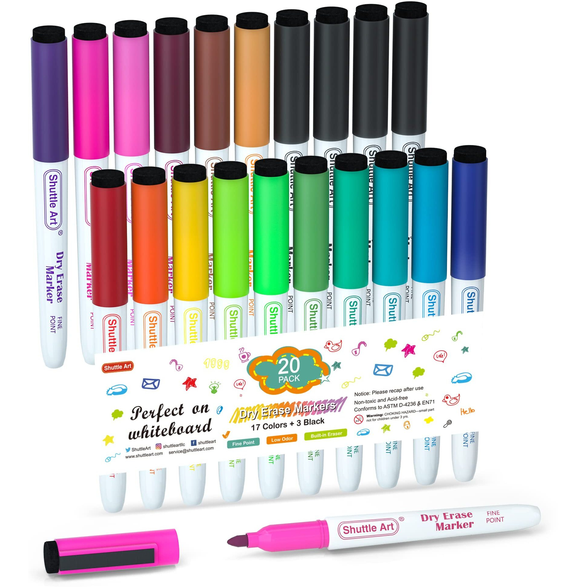 Shuttle Art Dry Erase Markers, 20 Pack 17 Colors Whiteboard Markers,Bundled With 3 Extra Black,Fine Tip Dry Erase Markers For Kids,Perfect For Writing On Dry-Erase Surfaces,School Office Supplies