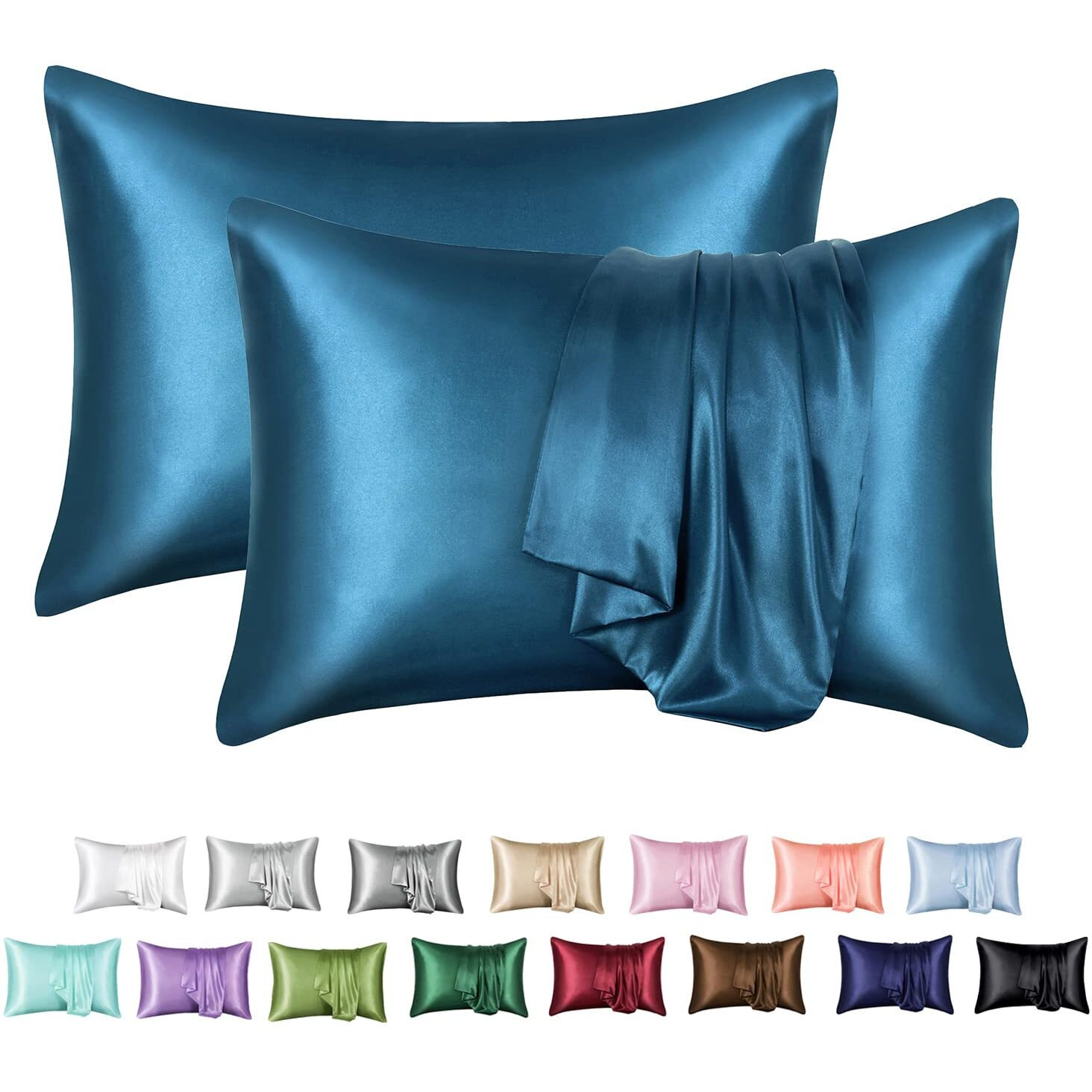 Mr&Hm Satin Pillowcase For Hair And Skin, Silk Satin Pillowcase 2 Pack, King Size Pillow Cases Set Of 2, Silky Pillow Cover With Envelope Closure (20X40, Teal)