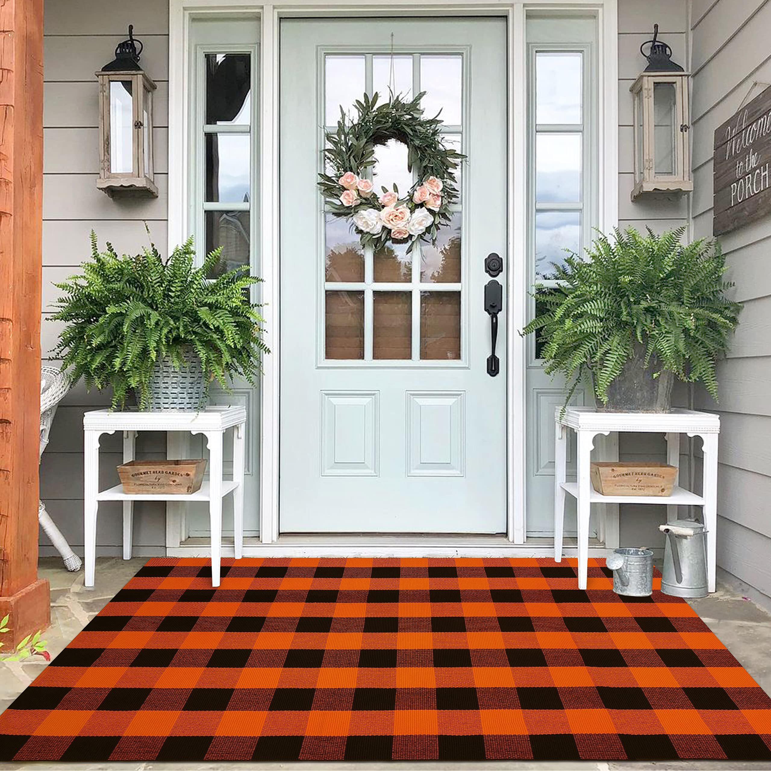 Iohouze Cotton Buffalo Plaid Check Rug Outdoor Doormat 4X6 Washable Woven Outdoor Indoor Welcome Mats For Front Doorfarmhouseentrywayhome Entrance Black And Orange Outdoor Rug