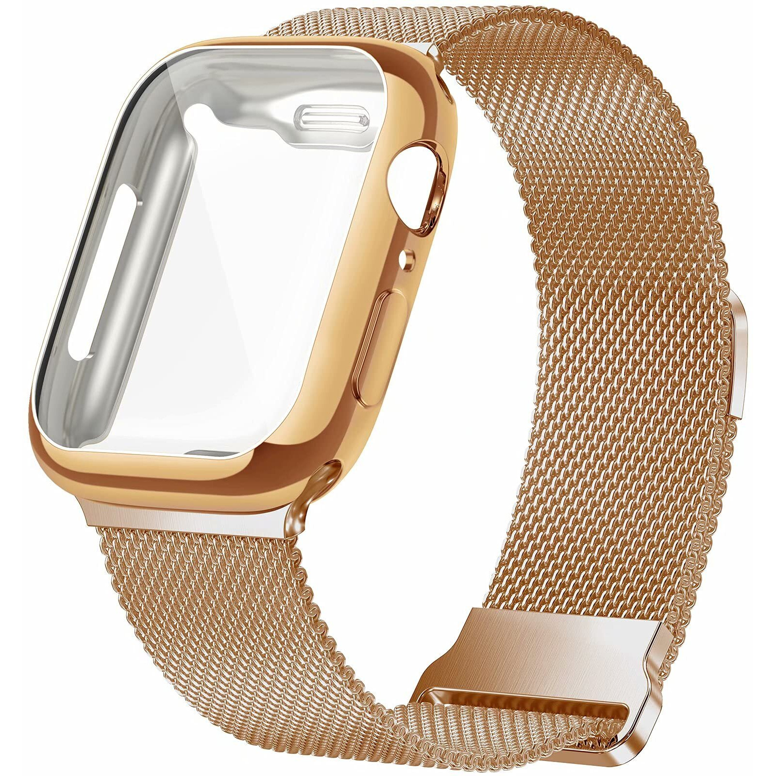 Geoumy Metal Magnetic Bands Compatible For Apple Watch Band 42Mm With Case, Stainless Steel Milanese Mesh Loop Replacement Strap Compatible With Iwatch Series 9/8/7/6/5/4/3/2/1 Se Women Men,Rose Gold