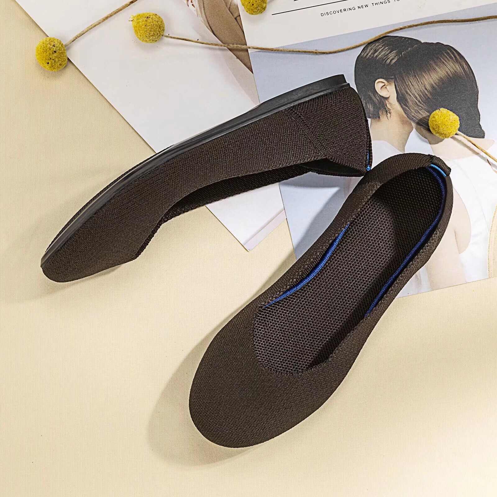 Frank Mully Womens Knit Ballet Flat Round Toe Slip On Flats Shoes Classic Low Wedge Ballerina Walking Flats Shoes, Bronze,10.5