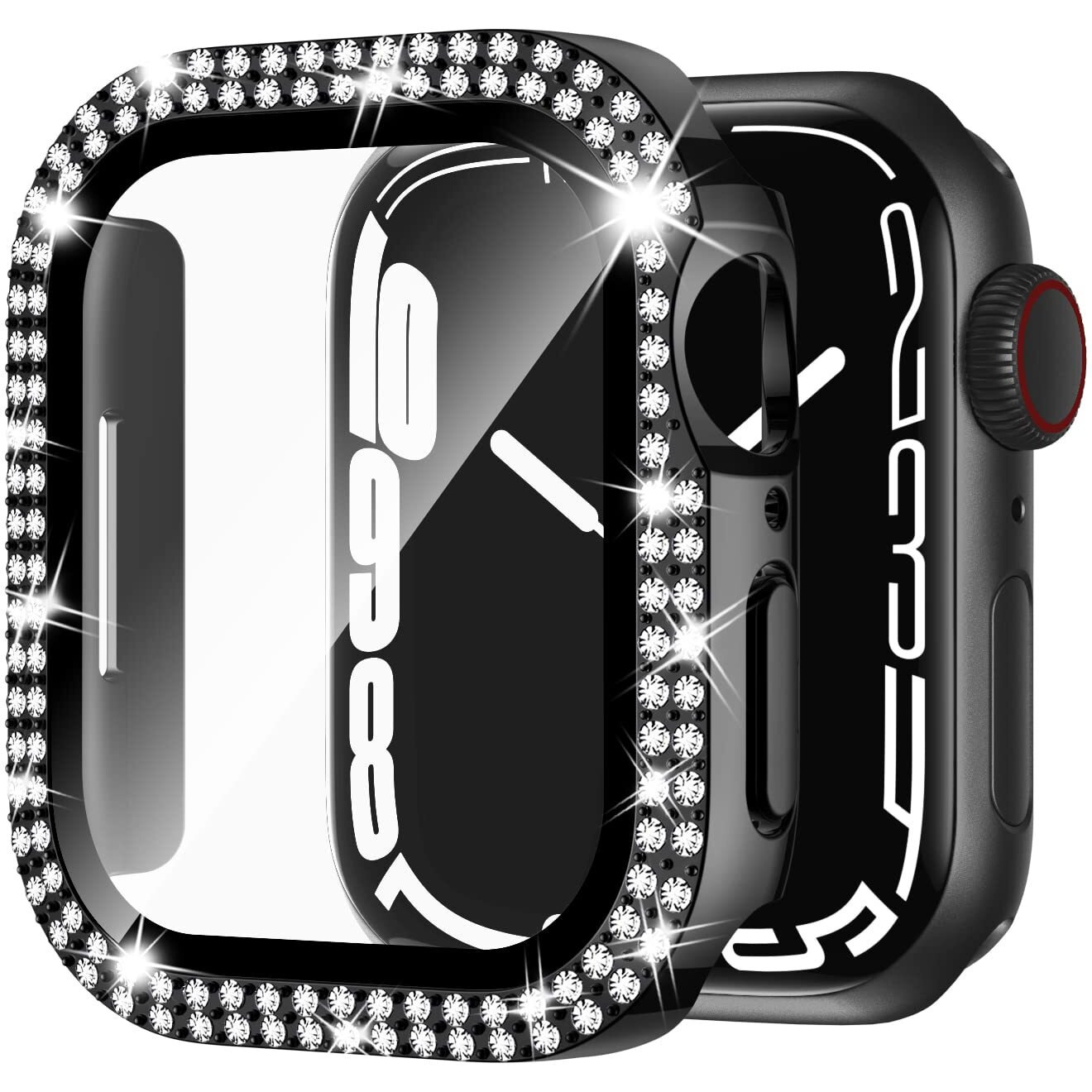 Adepoy For Apple Watch Case Series 7/8 45Mm With Tempered Glass Screen Protector, Double Bling Case Crystal Diamonds Rhinestone Bumper Overall Hard Pc Ultra-Thin Protective Cover For Iwatch 45Mm Black