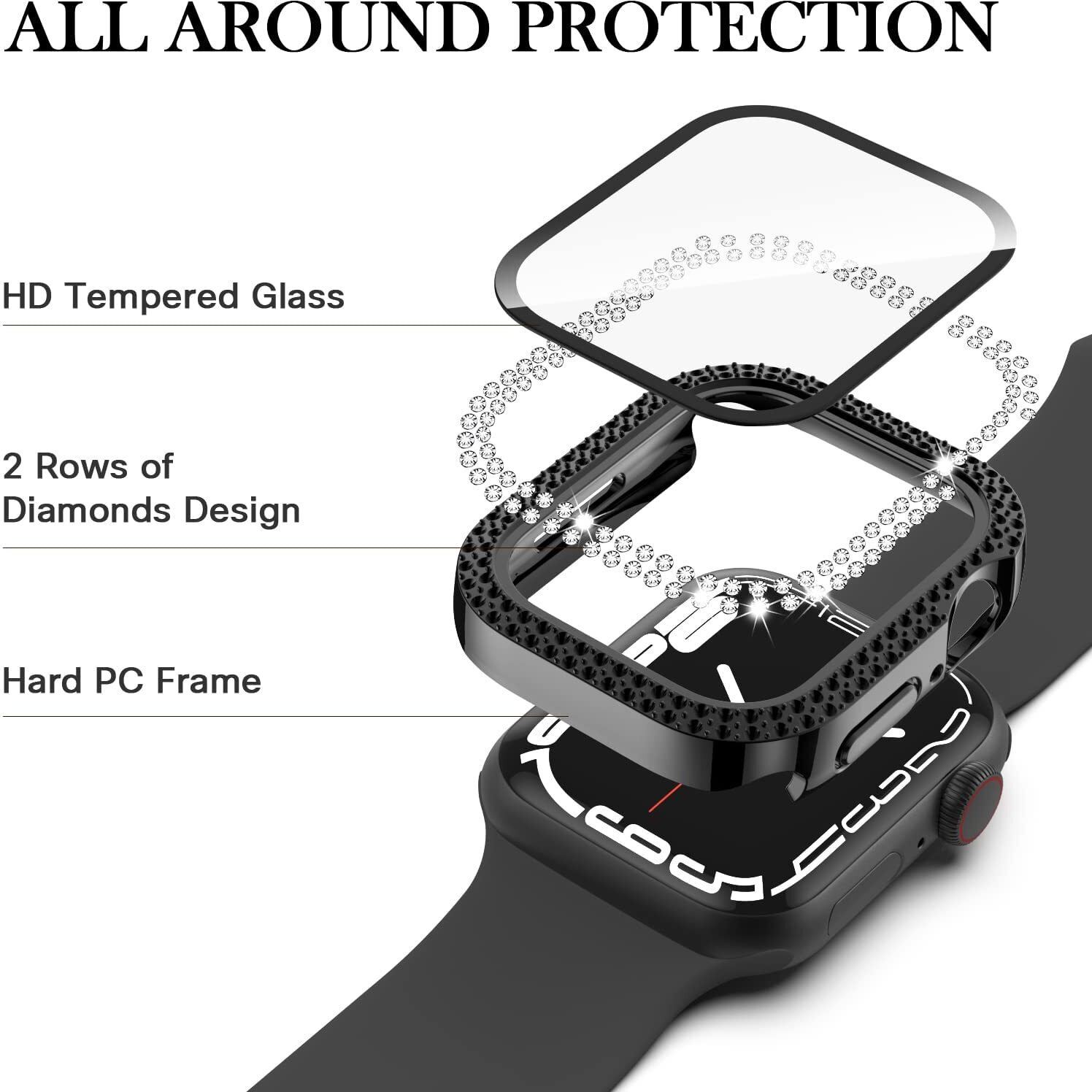 Adepoy For Apple Watch Case Series 7/8 45Mm With Tempered Glass Screen Protector, Double Bling Case Crystal Diamonds Rhinestone Bumper Overall Hard Pc Ultra-Thin Protective Cover For Iwatch 45Mm Black