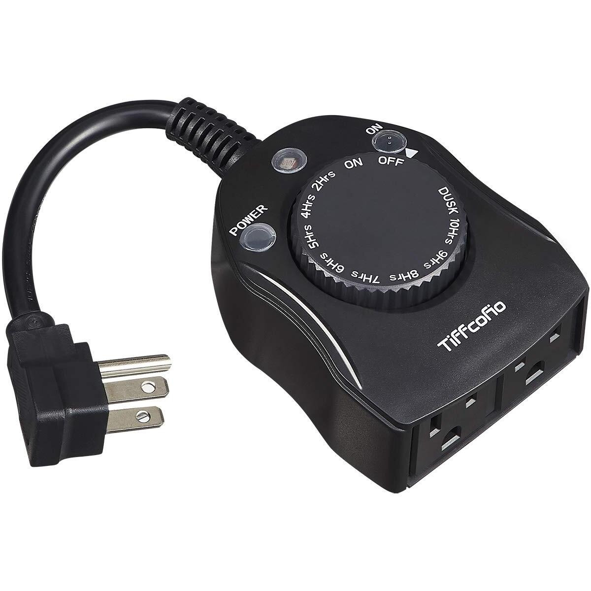 Tiffcofio Outdoor Timer Outlet, Dusk To Dawn Light Sensor Timer, Outdoor Light Timer For Electrical Outlets Weatherproof, 2 Grounded Outlets For Christmas Lights, 15A 1/2Hp, Csa Listed