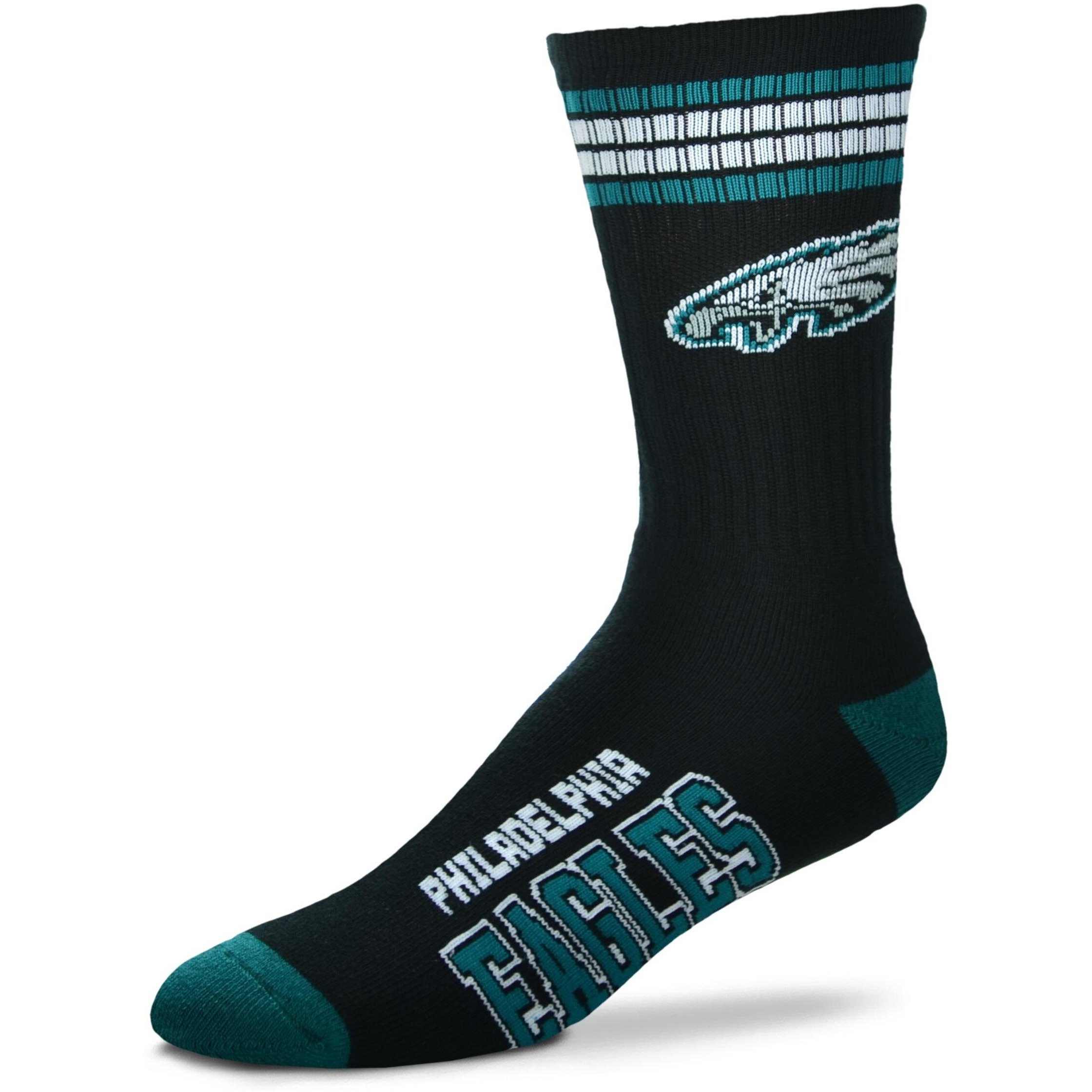 For Bare Feet Nfl Youth 4 Stripe Deuce Crew Sock, Philadelphia Eagles, One Size