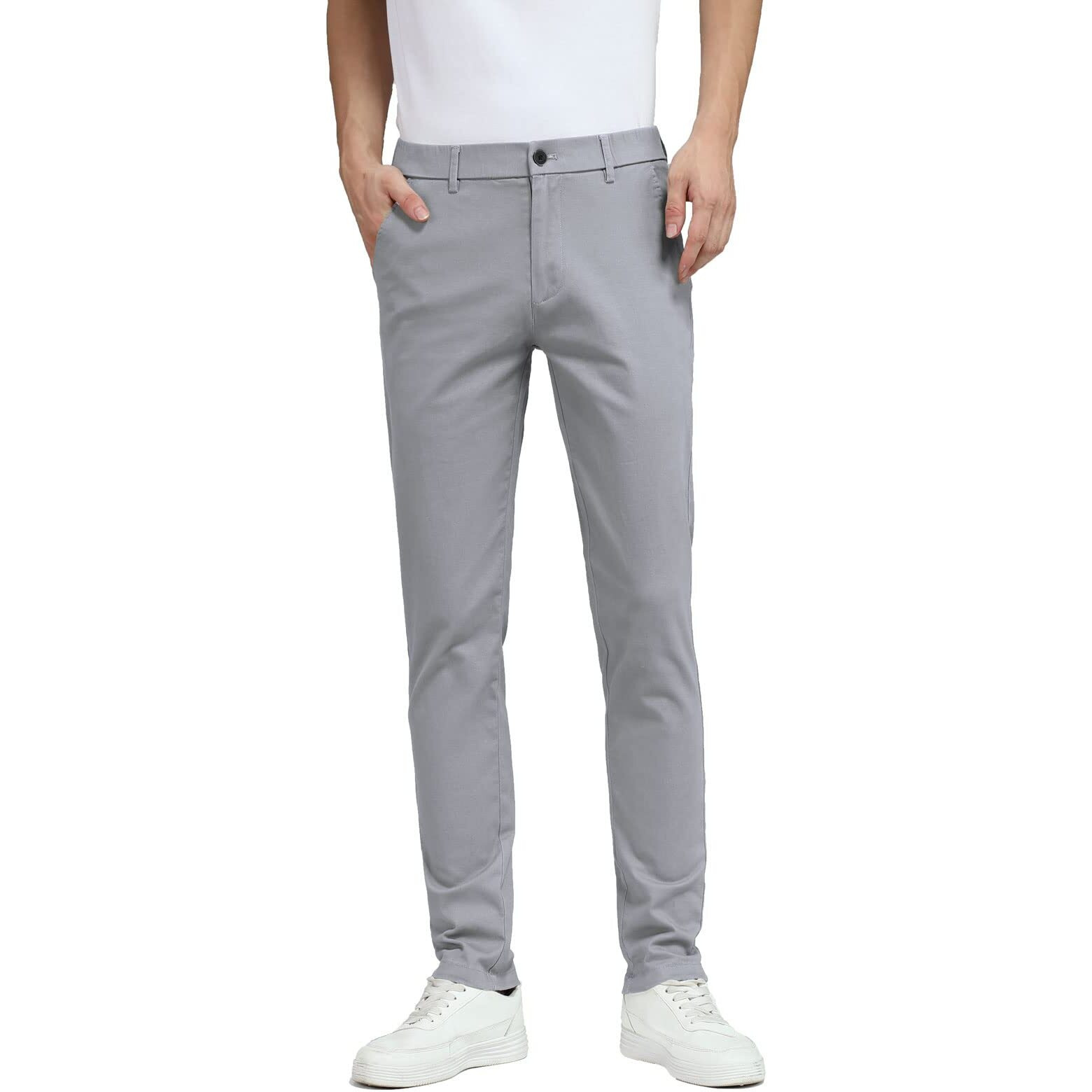 Plaid&Plain Men's Skinny Stretchy Khaki Pants Colored Pants Slim Fit Slacks Tapered Trousers 819 Iron Grey 34X32