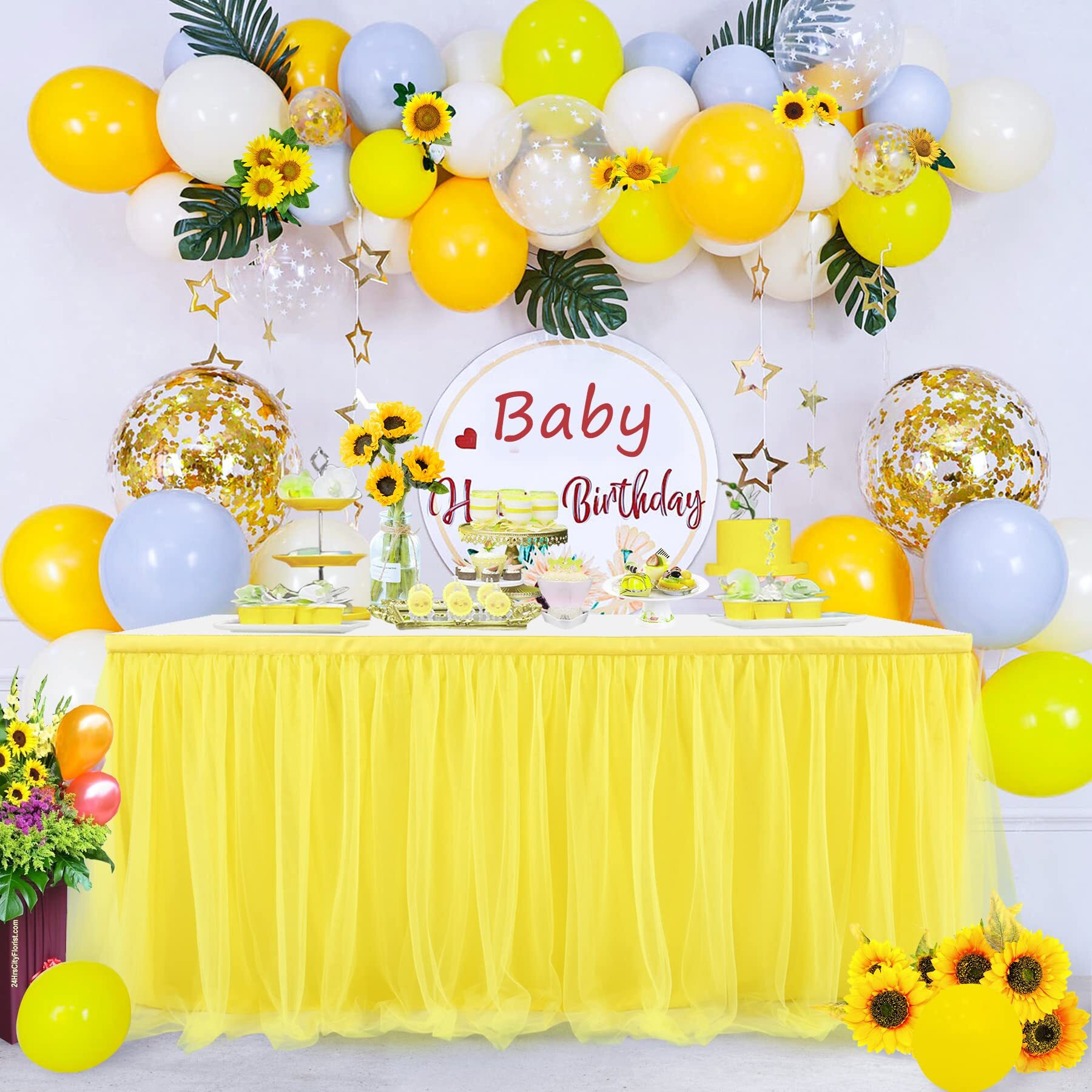 Suppromo Yellow Table Skirts For Rectangle Tables Or Round Tables 6Ft Ruffle Tulle Tutu Tablecloth For Sunflower Birthday Party Girls Lemonade Baby Shower Wedding Cake Dessert Table Decorations