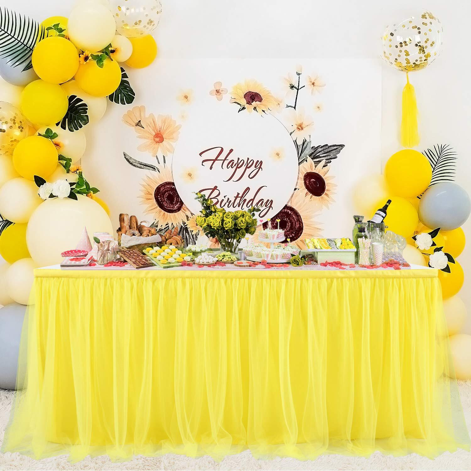 Suppromo Yellow Table Skirts For Rectangle Tables Or Round Tables 6Ft Ruffle Tulle Tutu Tablecloth For Sunflower Birthday Party Girls Lemonade Baby Shower Wedding Cake Dessert Table Decorations