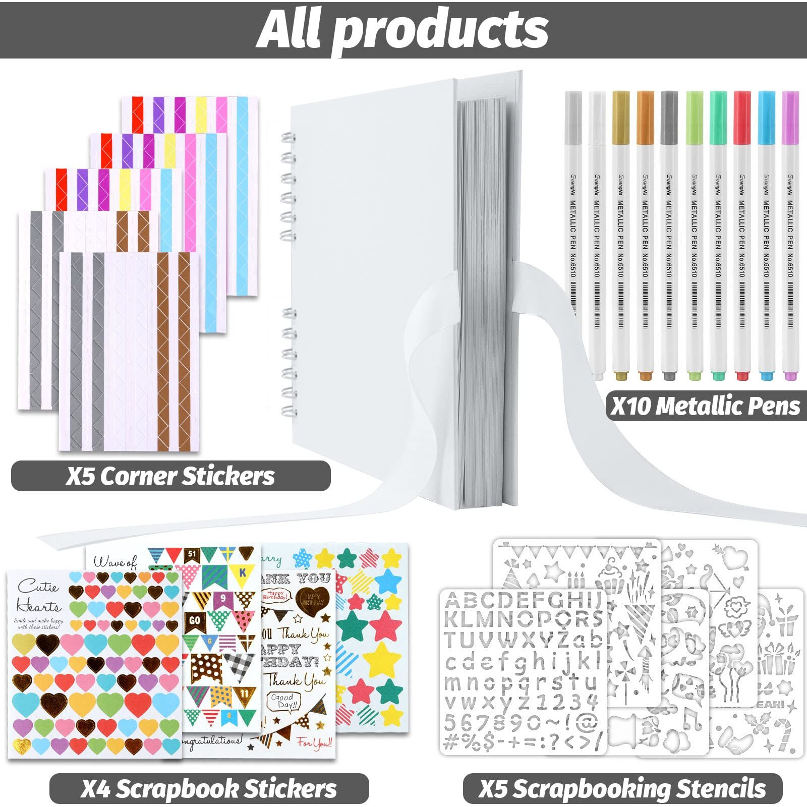 Gotideal 80 Pages Scrapbook Album With 10 Metallic Markers, Craft Paper Photo Album For Wedding And Anniversary, Family Diy Scrapbook Accessories With Scrapbooking Stickers Corners(White)