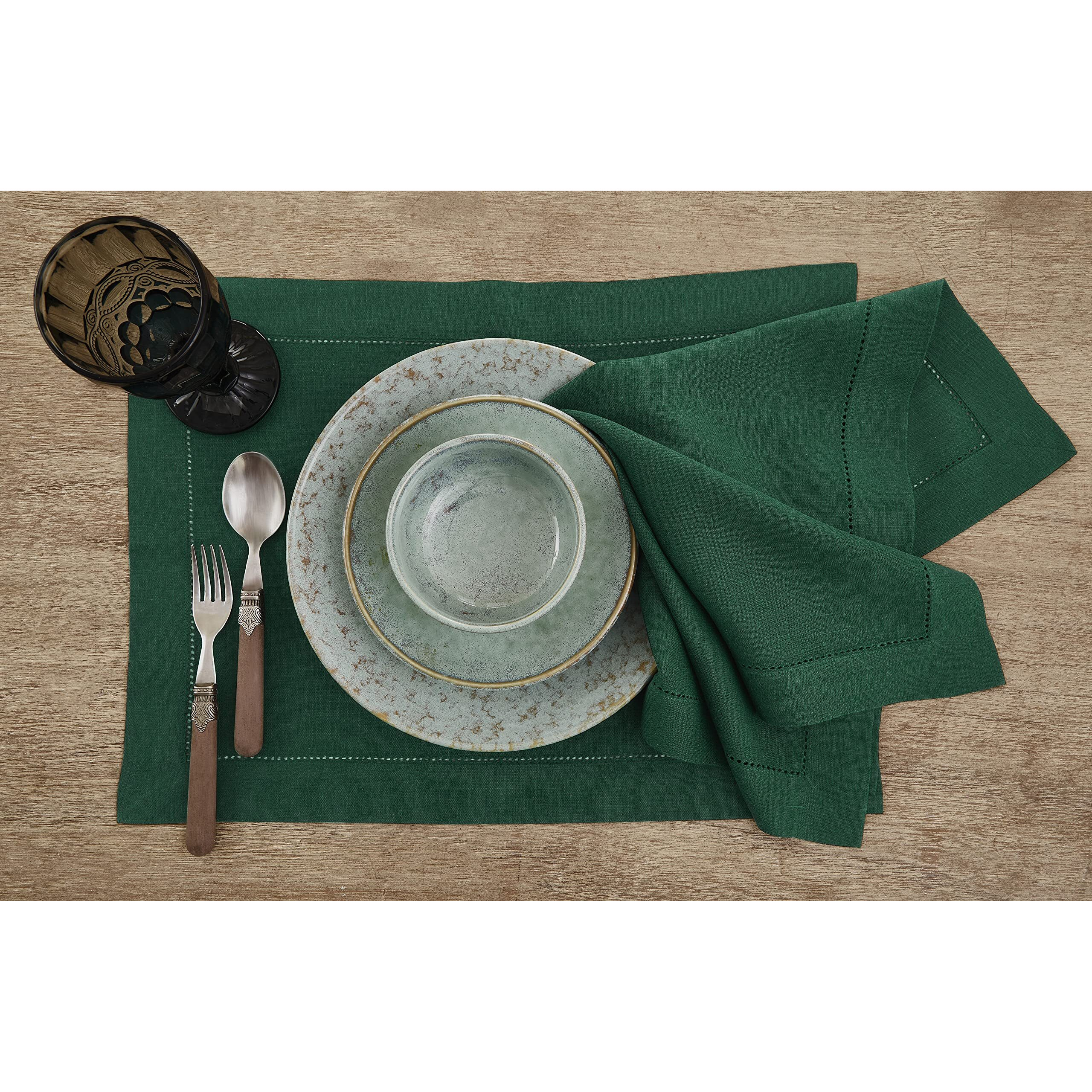 Solino Home Linen Napkins Set Of 4 - 100% Pure Linen Rainforest Green Cloth Napkins 20 X 20 Inch - Classic Hemstitch Dinner Napkins For St Patrick's Day, Winter, Easter