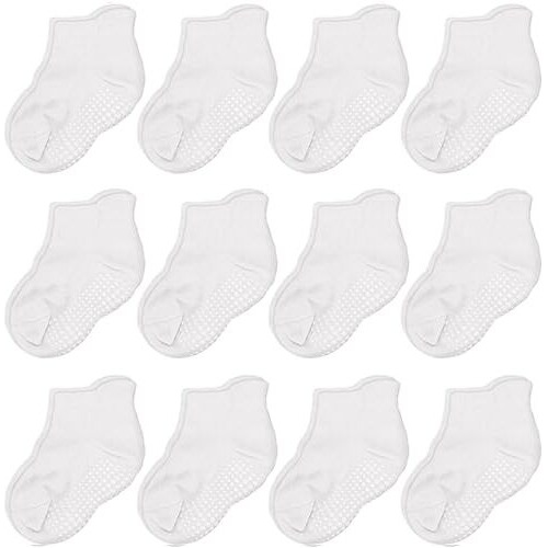 Cozyway Grippy Baby & Toddler Socks - 1T-3T White Ankle 12-Pack - Soft Cotton Non-Slip Grips - Reinforced Toes - Fits Boys & Girls