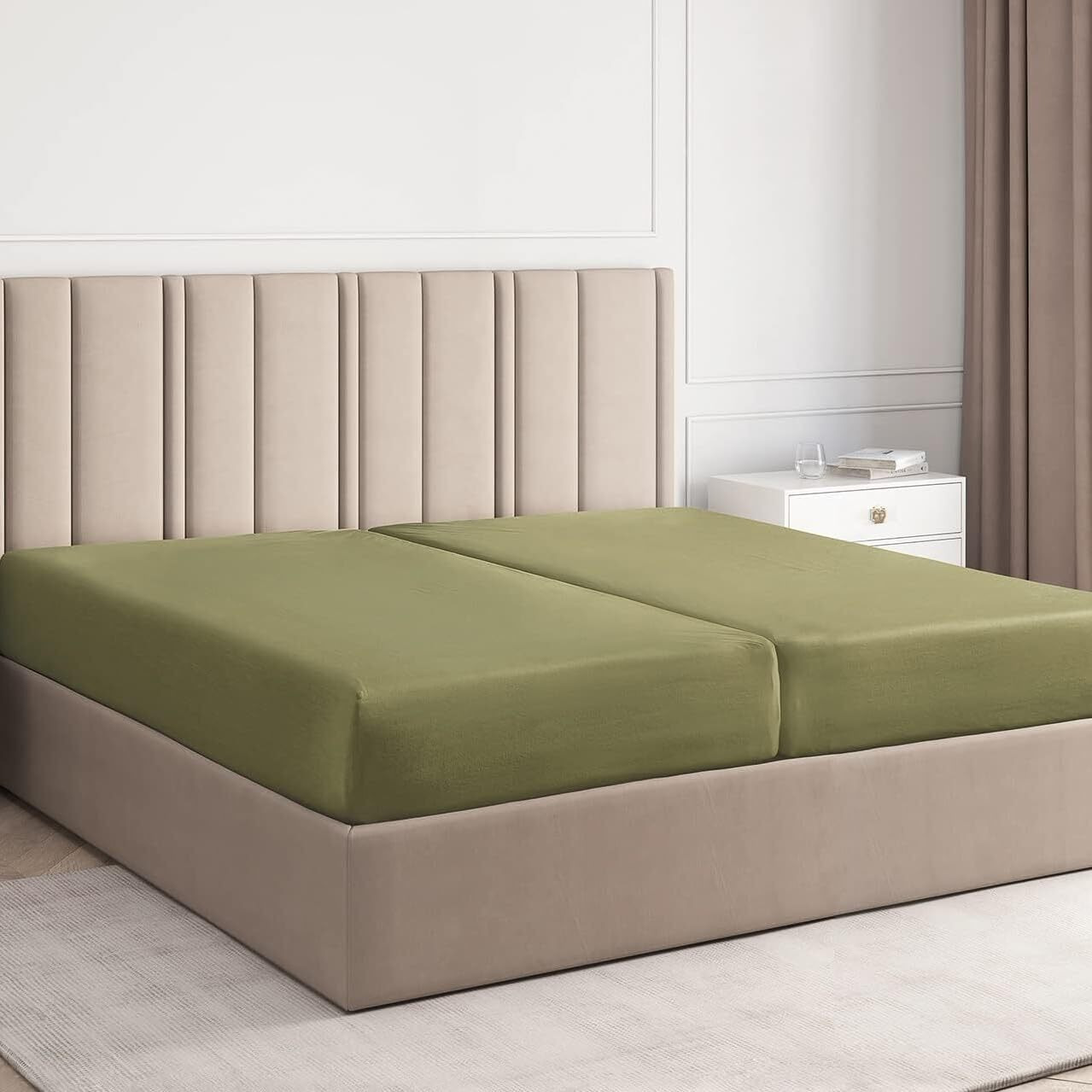 Split King Fitted Bed Sheet - Hotel Luxury & Cooling Single Fitted Sheet Only - Easily Fits Mattress Up To 16 Inches Perfectly - Soft, Wrinkle Free, Breathable & Comfy Sage Green Single Fitted Sheet