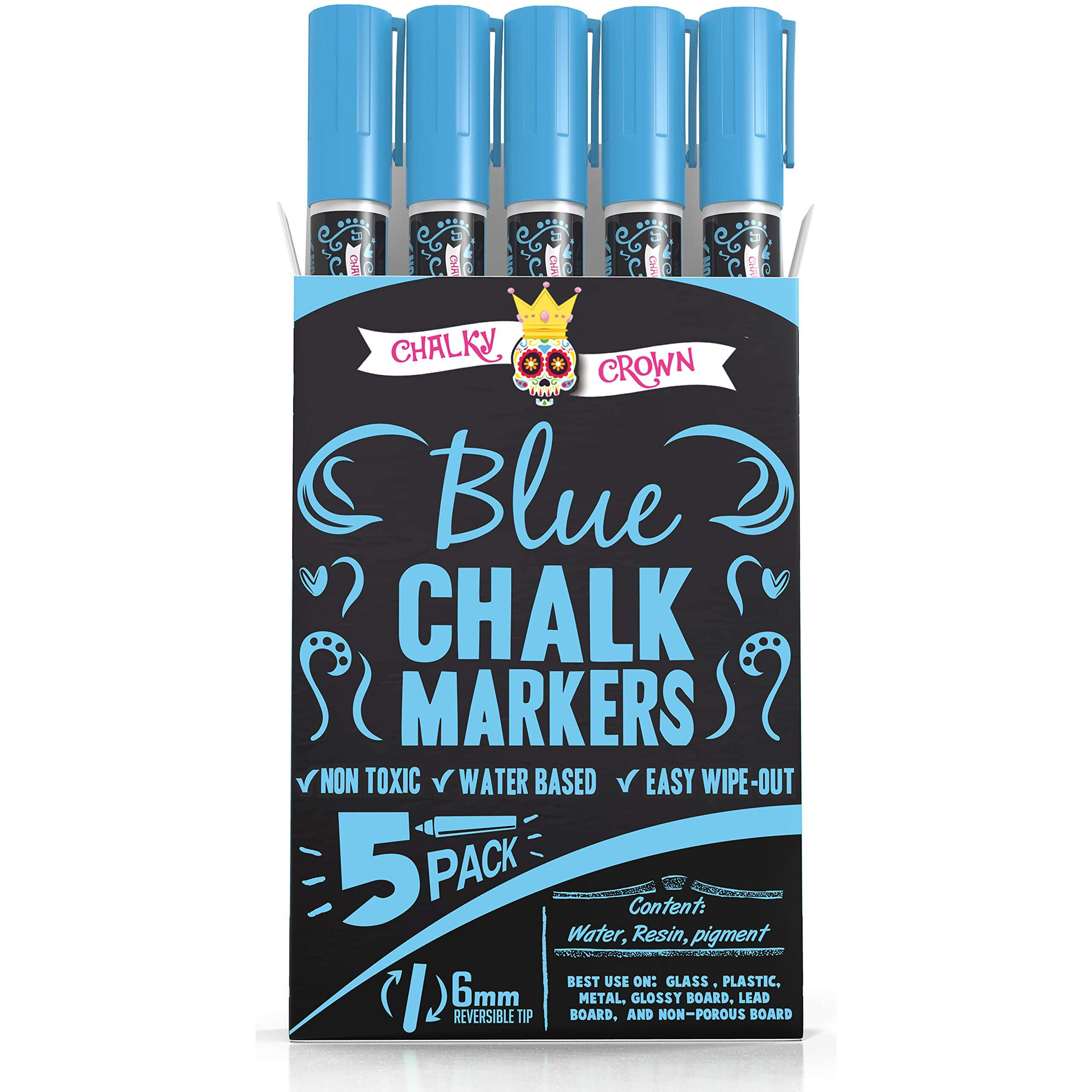 Chalky Crown Liquid Chalk Marker Pen - Dry Erase Marker - Chalk Markers For Chalkboard Signs, Windows, Blackboard, Glass - 6Mm Reversible Tip (Blue, 5 Pack)