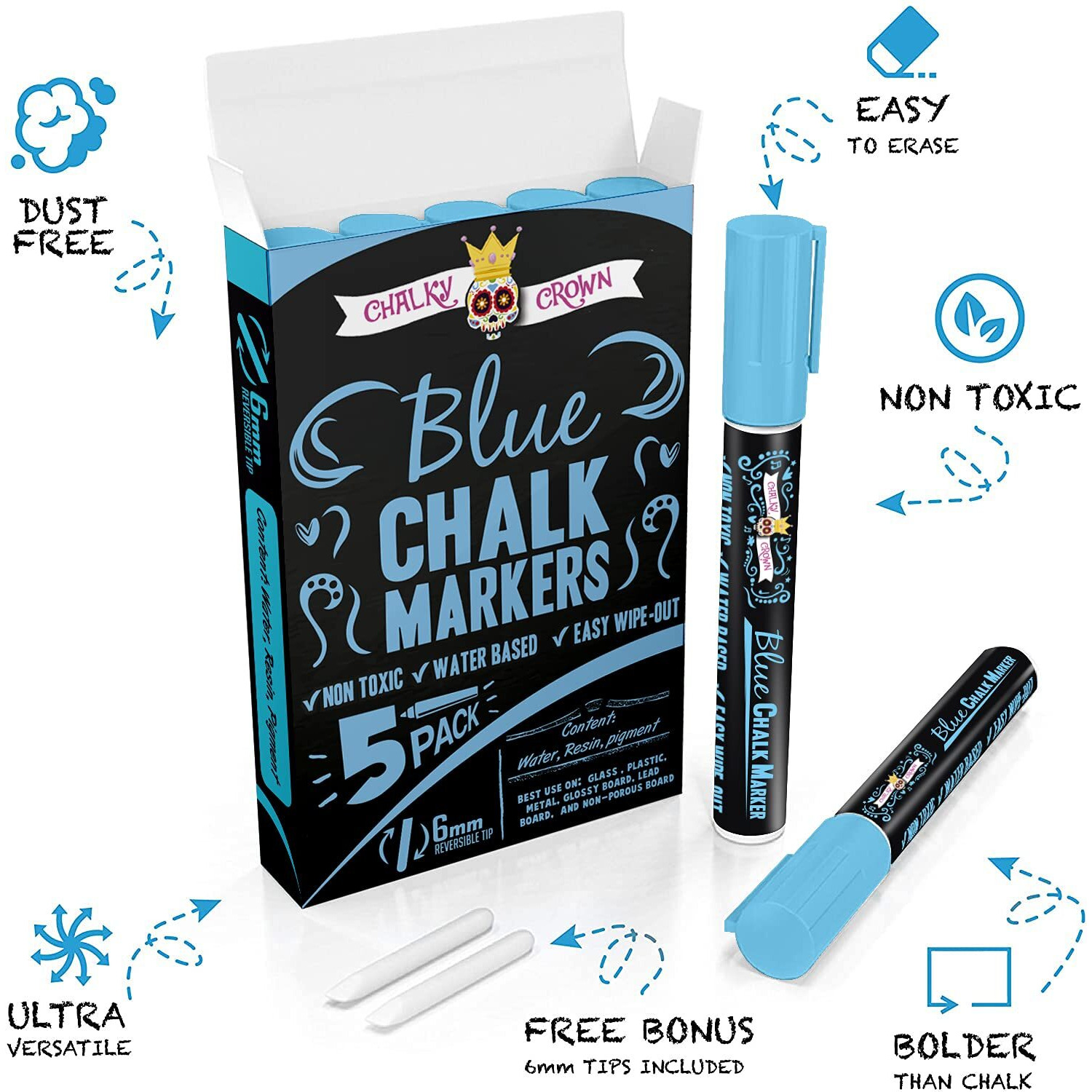 Chalky Crown Liquid Chalk Marker Pen - Dry Erase Marker - Chalk Markers For Chalkboard Signs, Windows, Blackboard, Glass - 6Mm Reversible Tip (Blue, 5 Pack)