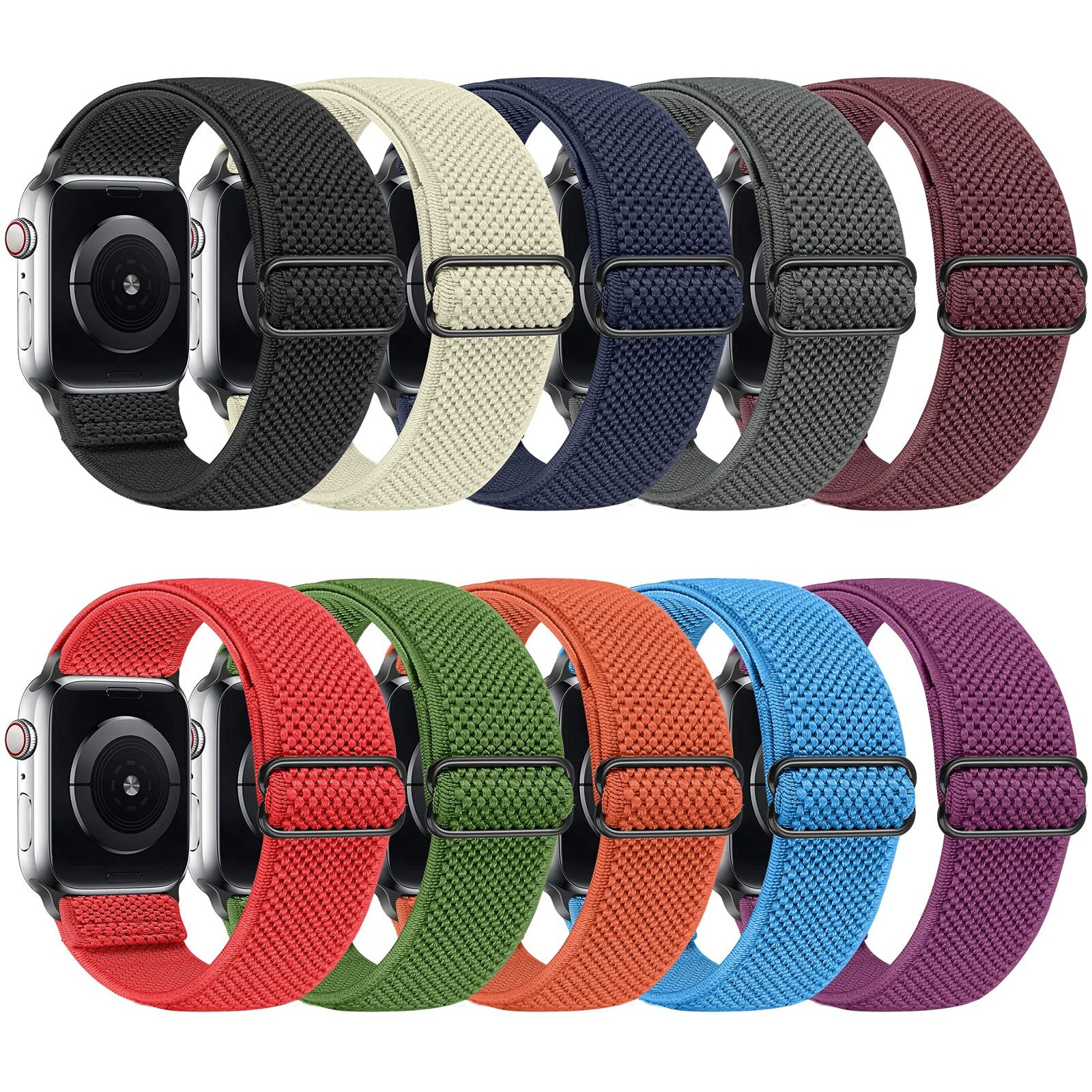 Tiptops 10 Pack Elastic Watch Band Compatible With Apple Watch Band 38Mm 40Mm 41Mm 42Mm 44Mm 45Mm , Adjustable Length, Stretch Nylon Sports Watch Strap, Compatible With Iwatch Bands Series 87Se654321Se For Men Women