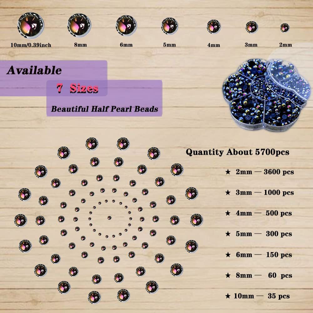5700 Pcs Ab Half Pearls For Crafts,Nail Pearls For Nails Art For Crafting Diy Accessory,Flatback Pearls Gems For Makeup,Black Neatly Organized Craft Pearls For Artists Creative (2/3/4/5/6/8/10Mm)