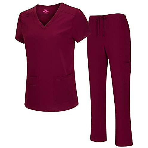 Natural Uniforms Womens Cool Stretch V-Neck Top And Cargo Pant Set (Burgundy, Medium)