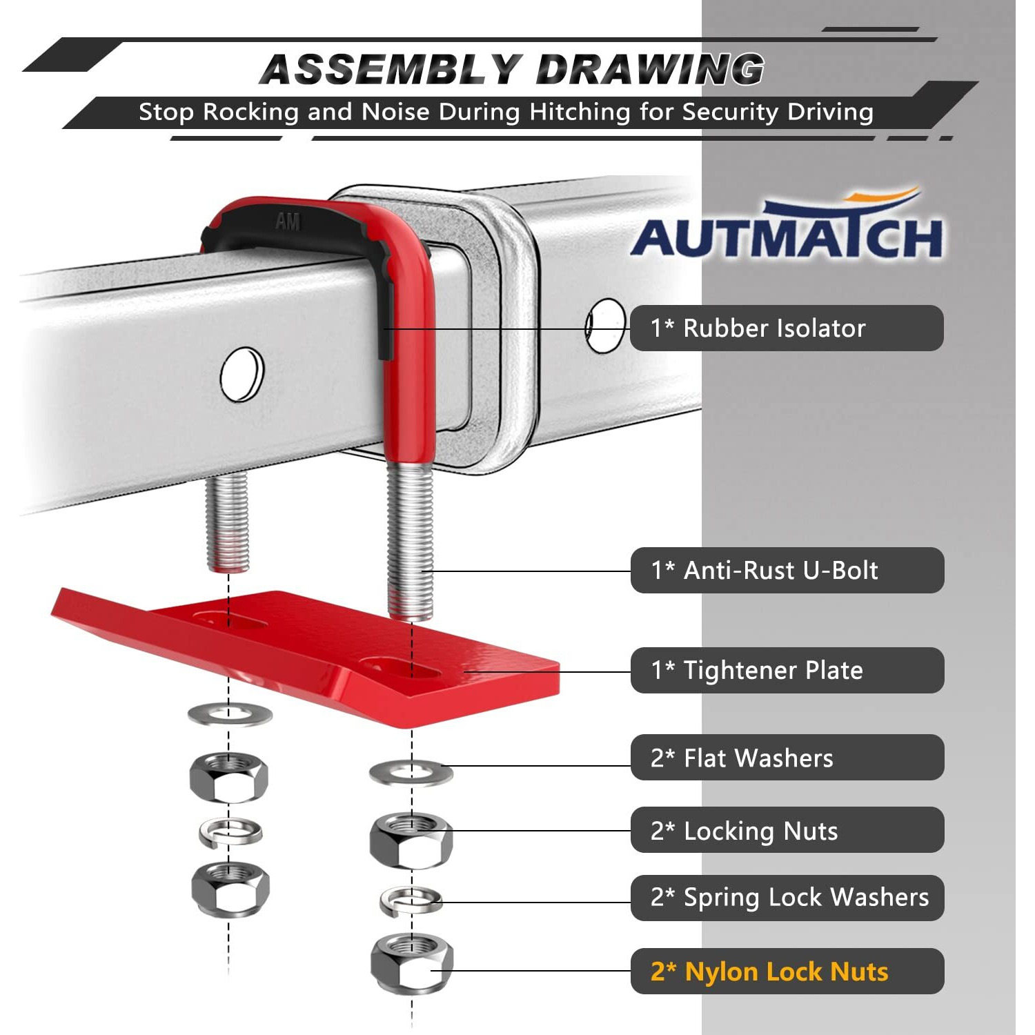 Autmatch Hitch Tightener Anti-Rattle Clamp, Heavy Duty Hitch Stabilizer For 1.25" And 2" Trailer Hitches, Rubber Isolator And Anti-Rust Double Coating Protective, Red