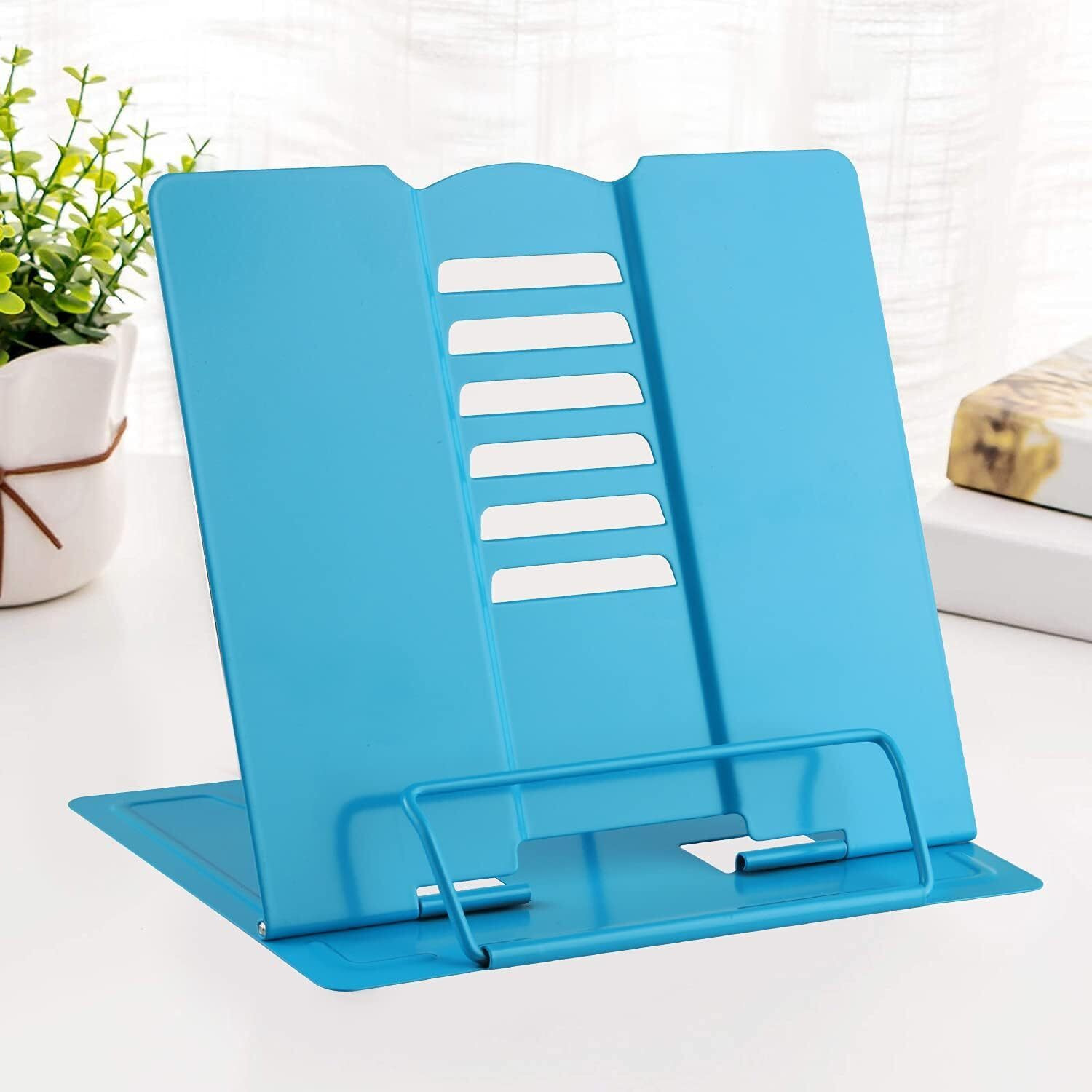 Msdada Book Stand Metal Reading Rest Book Holder Adjustable Cookbook Documents Holder Portable Sturdy Bookstands For Recipes Textbooks Tablet Music Books With Page Clips (Sky Blue)