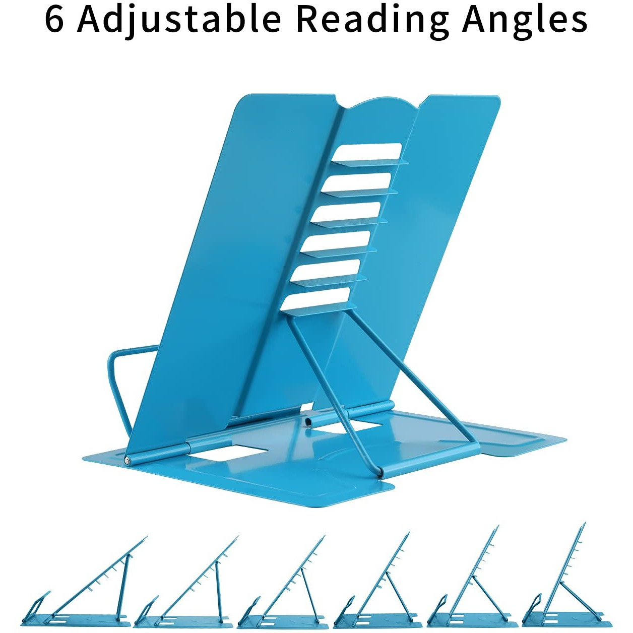 Msdada Book Stand Metal Reading Rest Book Holder Adjustable Cookbook Documents Holder Portable Sturdy Bookstands For Recipes Textbooks Tablet Music Books With Page Clips (Sky Blue)