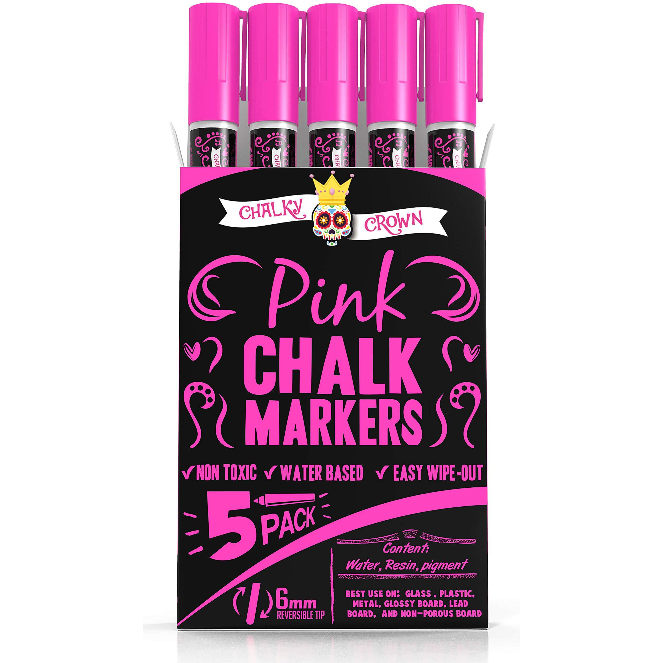 Chalky Crown Liquid Chalk Marker Pen - Dry Erase Marker - Chalk Markers For Chalkboard Signs, Windows, Blackboard, Glass - 6Mm Reversible Tip (Pink, 5 Pack)