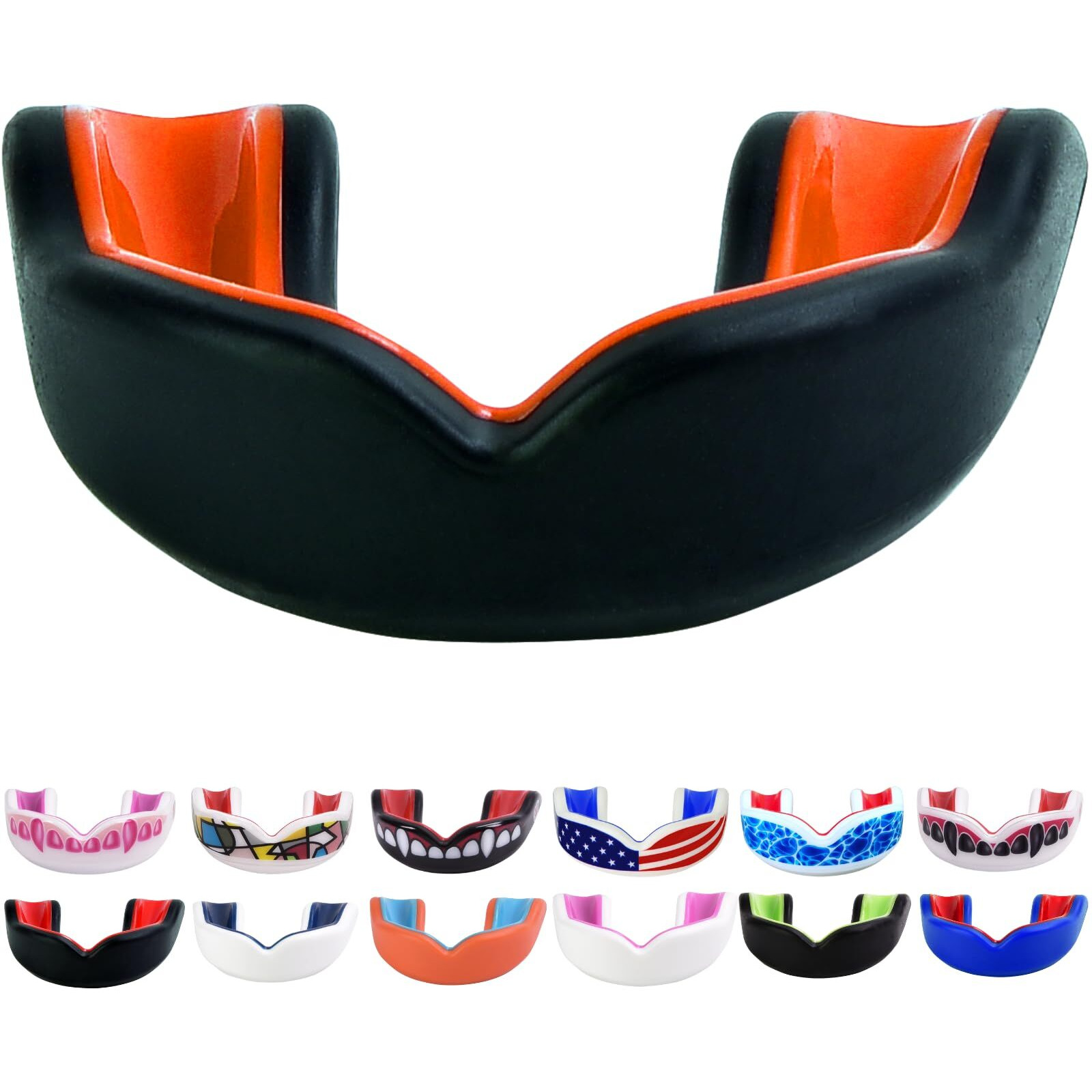 Oral Mart Black/Orange Youth Mouthguard For Kids - Youth Mouthguard For Karate, Flag Football, Martial Arts, Taekwondo, Boxing, Football, Rugby, Bjj, Muay Thai, Soccer, Hockey (With Free Case)