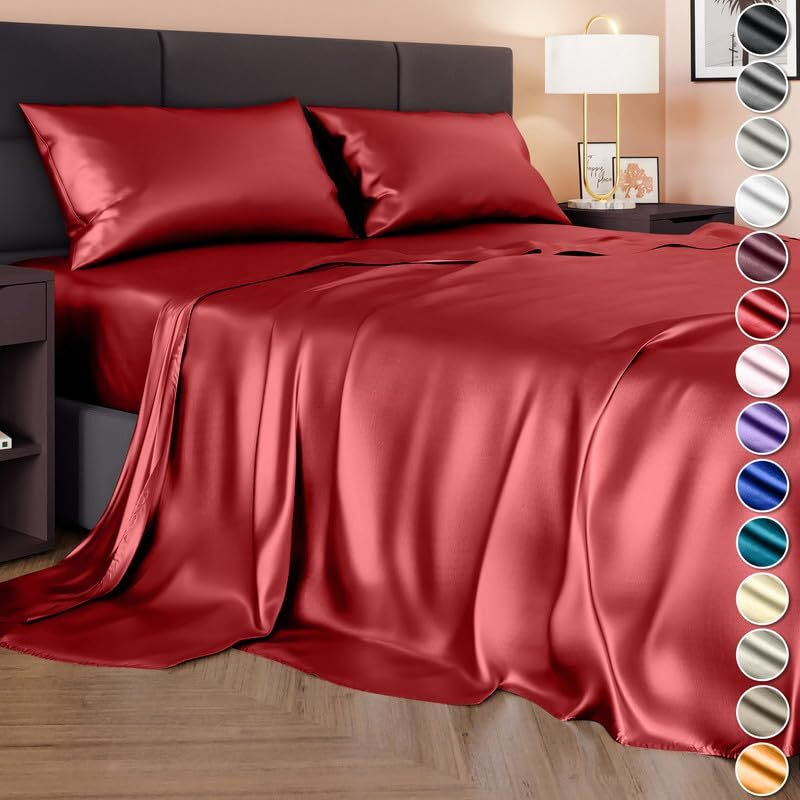 Decolure Satin Sheets Full Size Set 4 Pcs - Silky & Luxuriously Soft Satin Bed Sheets W/ 15 Inch Deep Pocket - Double Stitching, Wrinkle Free (Red)
